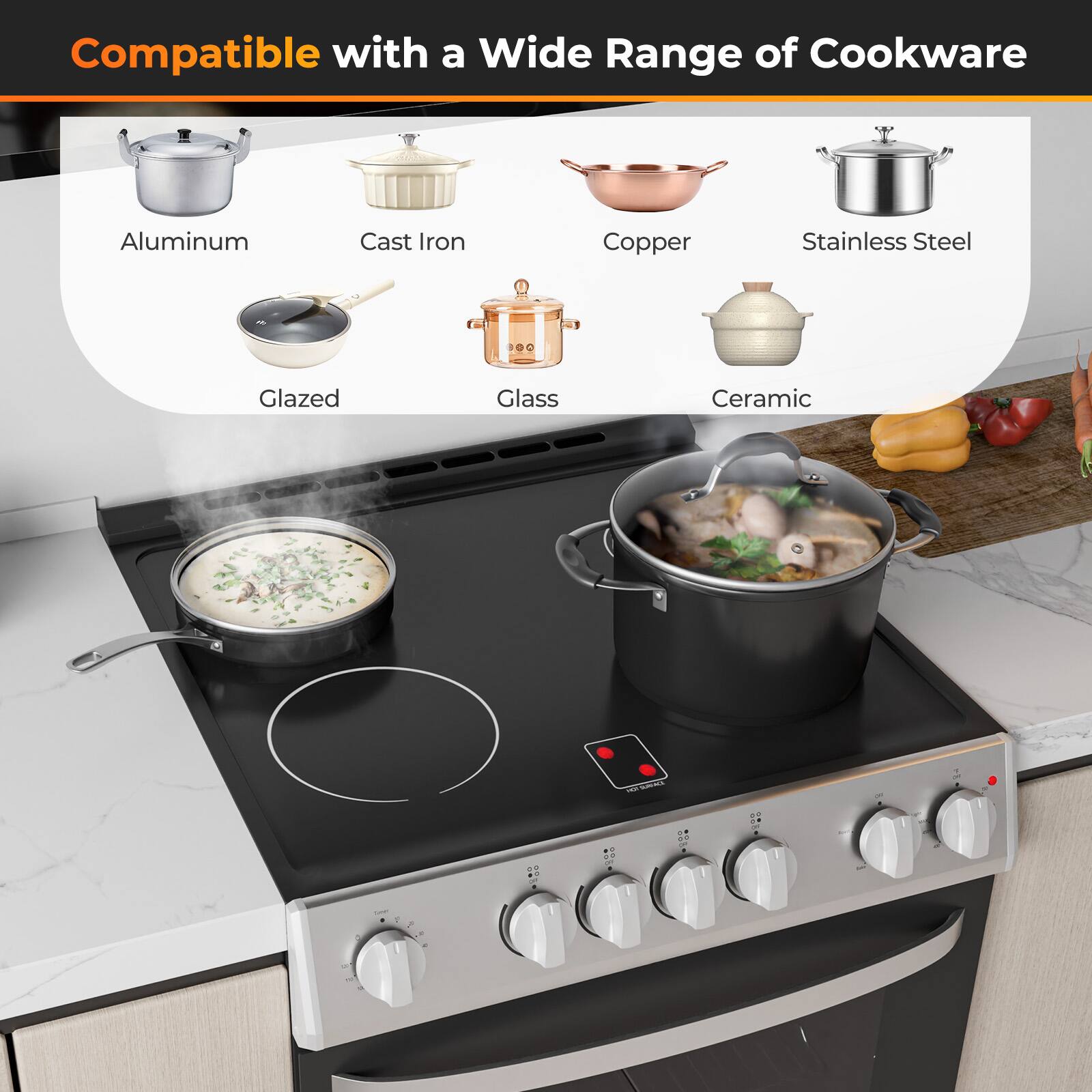 Compatible with a Wide Range of Cookware

- Aluminum
- Cast Iron
- Copper
- Stainless Steel
- Glazed
- Glass
- Ceramic