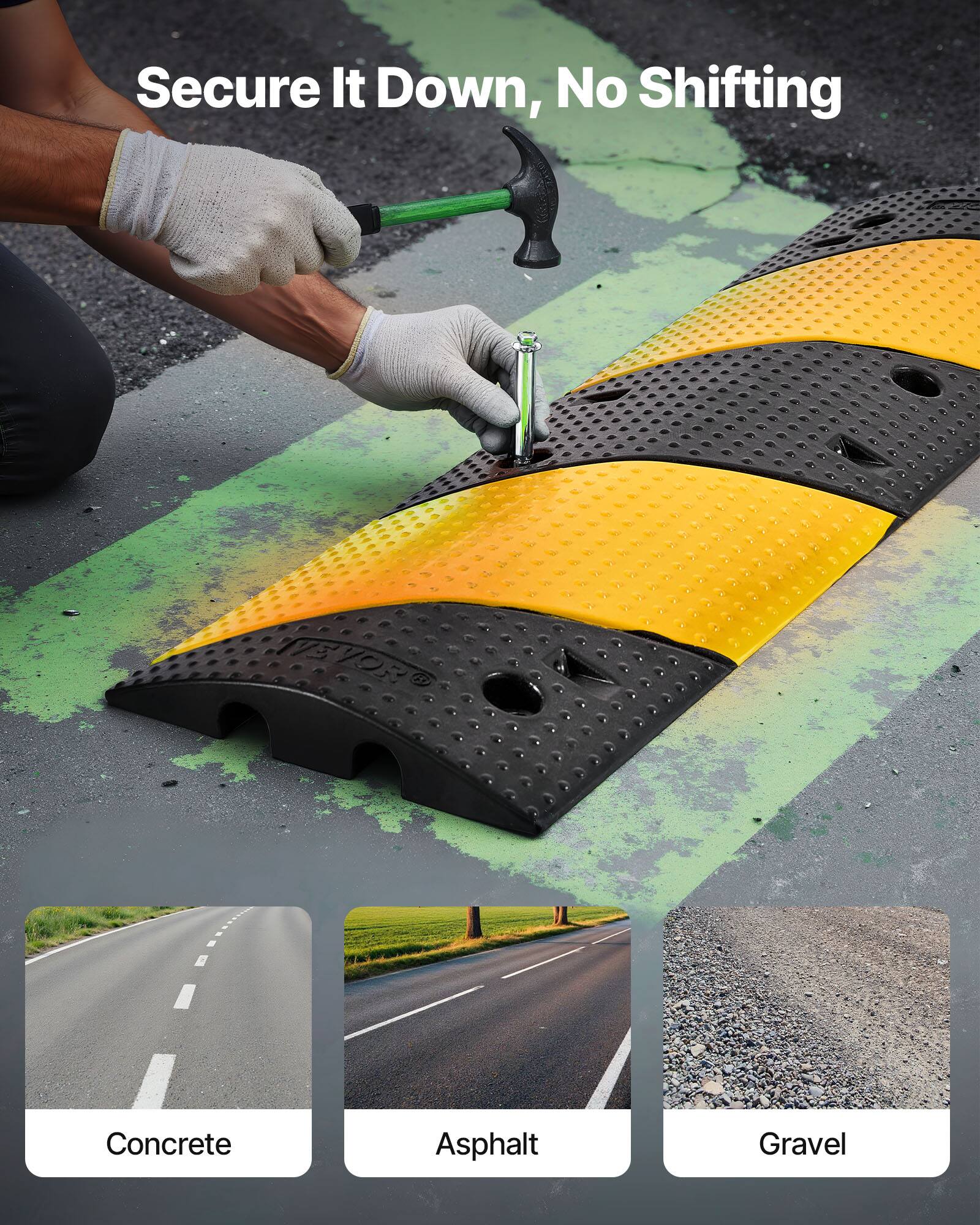 Secure It Down, No Shifting

Concrete  
Asphalt  
Gravel