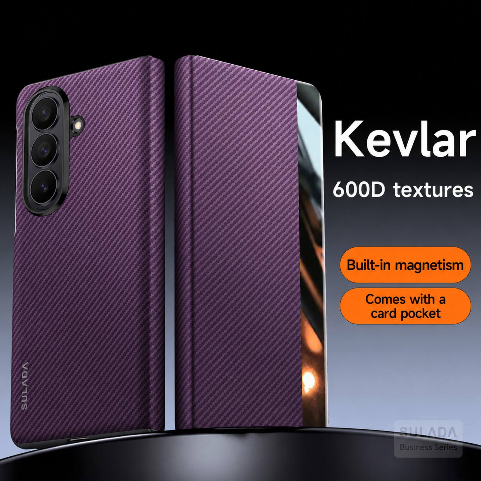 Kevlar 600D textures  
Built-in magnetism  
Comes with a card pocket  
SULADA Business Series