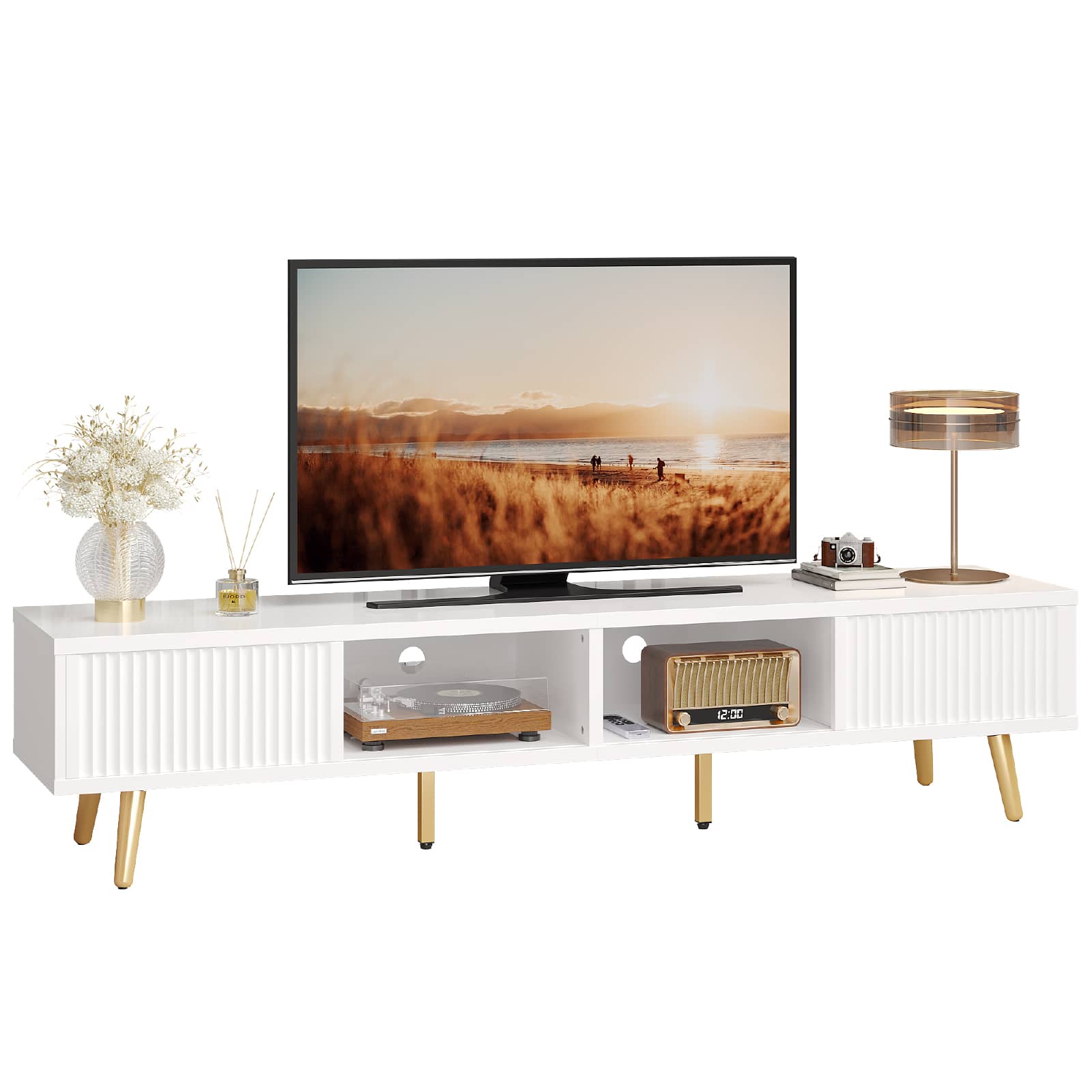 Photos - Mount/Stand UP3D Bestier - Fits up to 75 inch TVs with Sliding Fluted Doors and Adjustable Shelves for Living Room - White 