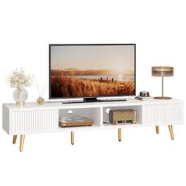 Bestier - 71-inch TV Stand with Sliding Fluted Doors and Adjustable Shelves, Modern Solid Wood Legs for Living Rooms - White
