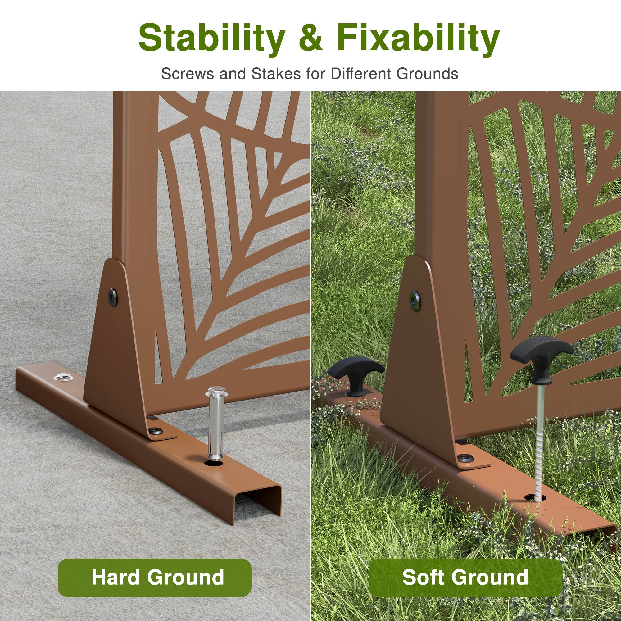 Stability & Fixability  
Screws and Stakes for Different Grounds  

Hard Ground  
Soft Ground