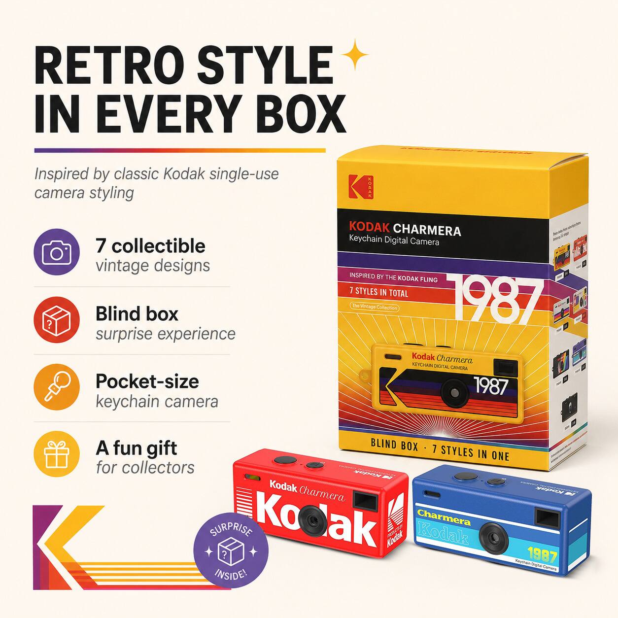 RETRO STYLE IN EVERY BOX  
Inspired by classic Kodak single-use camera styling  

KODAK CHARMERA  
Keychain Digital Camera  

7 collectible vintage designs  
INSPIRED BY THE KODAK FLING  
7 STYLES IN TOTAL  

Blind box surprise experience  

Pocket-size keychain camera  

A fun gift for collectors  

Kodak Charmera 1987  
BLIND BOX - 7 STYLES IN ONE  

SURPRISE INSIDE!