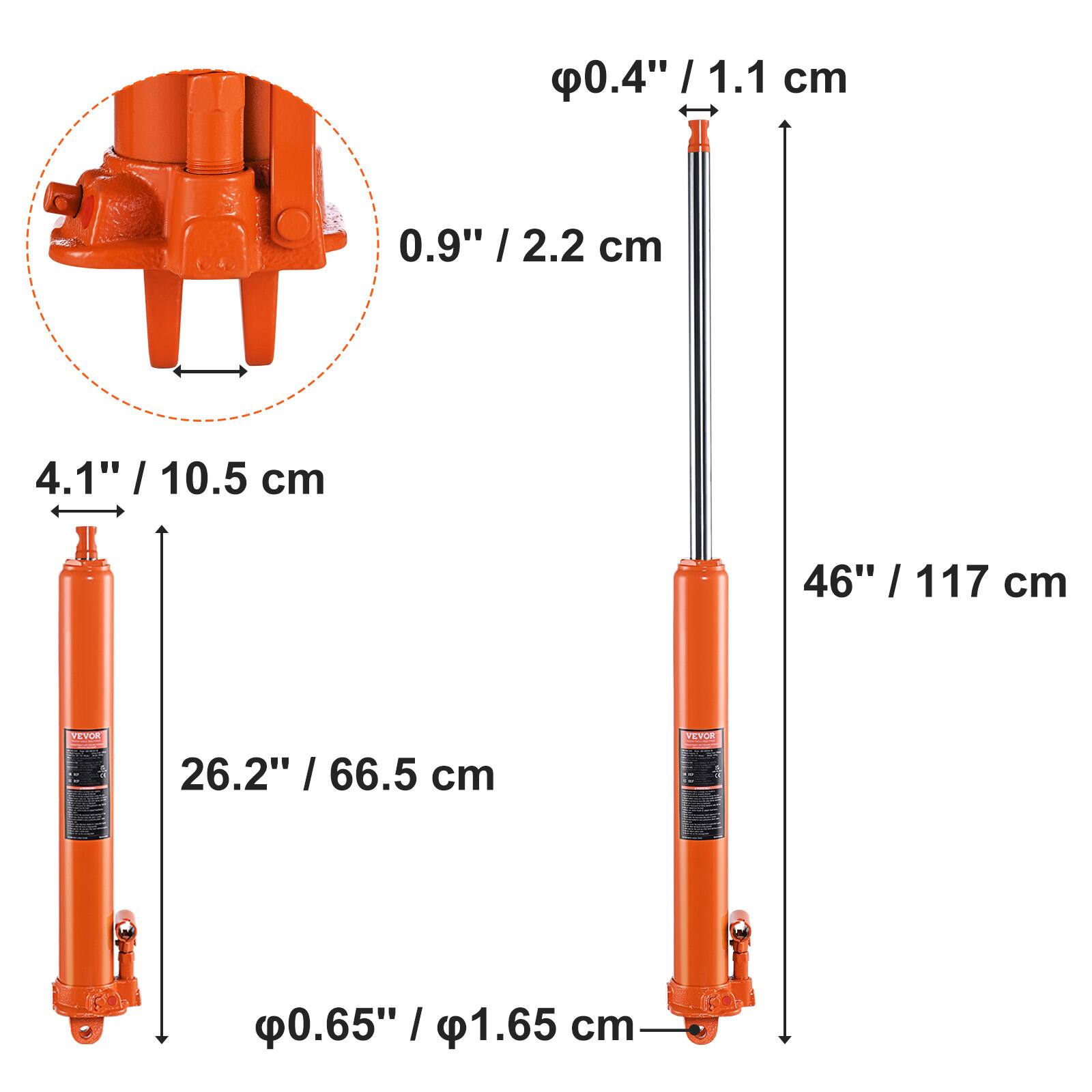0.4" / 1.1 cm  
0.9" / 2.2 cm  
4.1" / 10.5 cm  
46" / 117 cm  
26.2" / 66.5 cm  
φ0.65" / φ1.65 cm