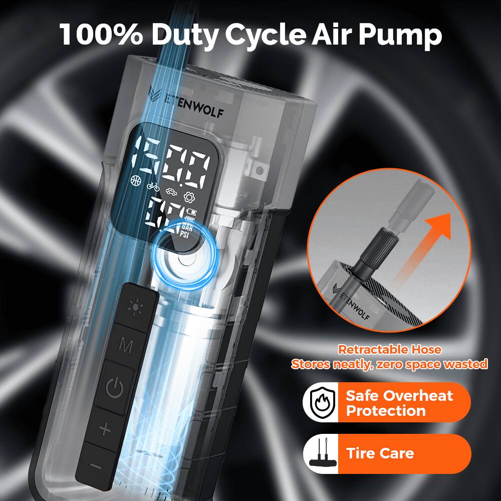 100% Duty Cycle Air Pump ETENWOLF

- Retractable Hose: Stores neatly, zero space wasted
- Safe Overheat Protection
- Tire Care