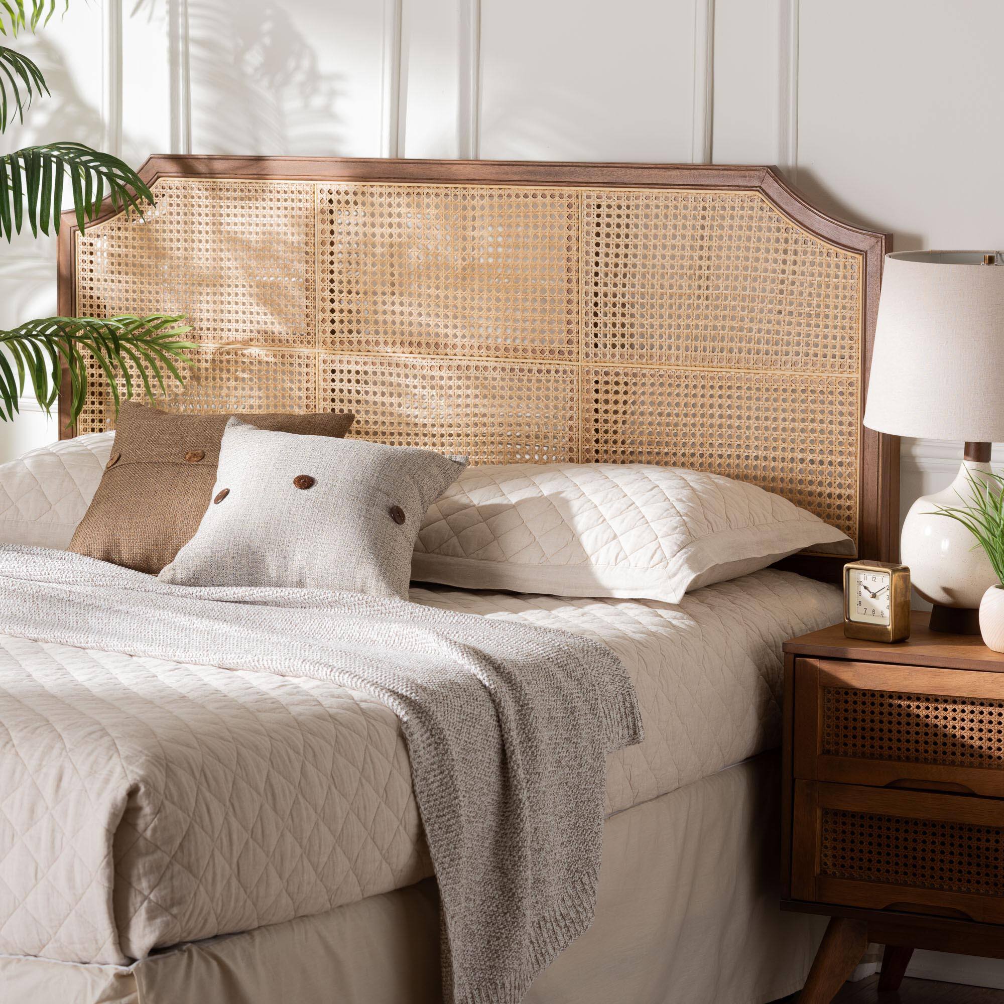 Back. Baxton Studio - Hermine Bamboo Woven Headboard - Solid Wood Bed Backrest Panel with Curved Top, Boho Coastal Bed Accent, Queen Size - Walnut Brown/Natural.