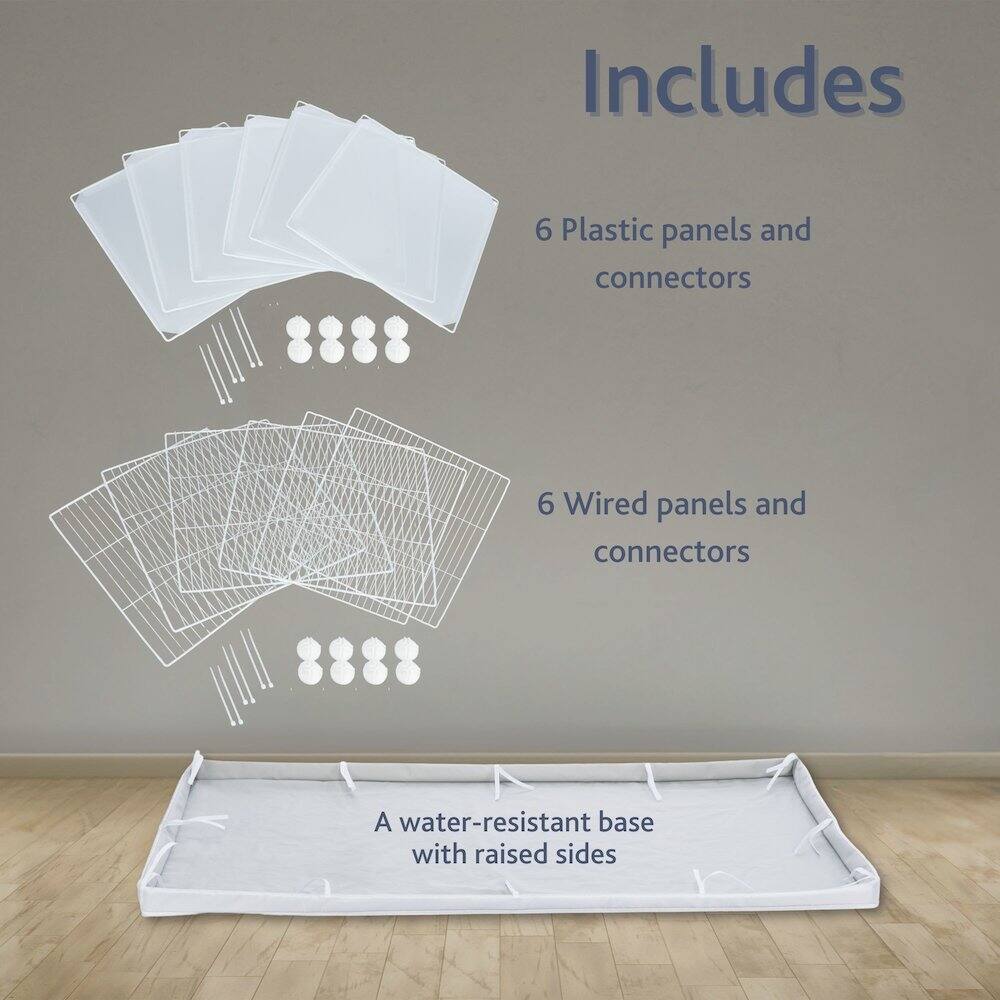 Includes  
6 Plastic panels and connectors  
6 Wired panels and connectors  
A water-resistant base with raised sides