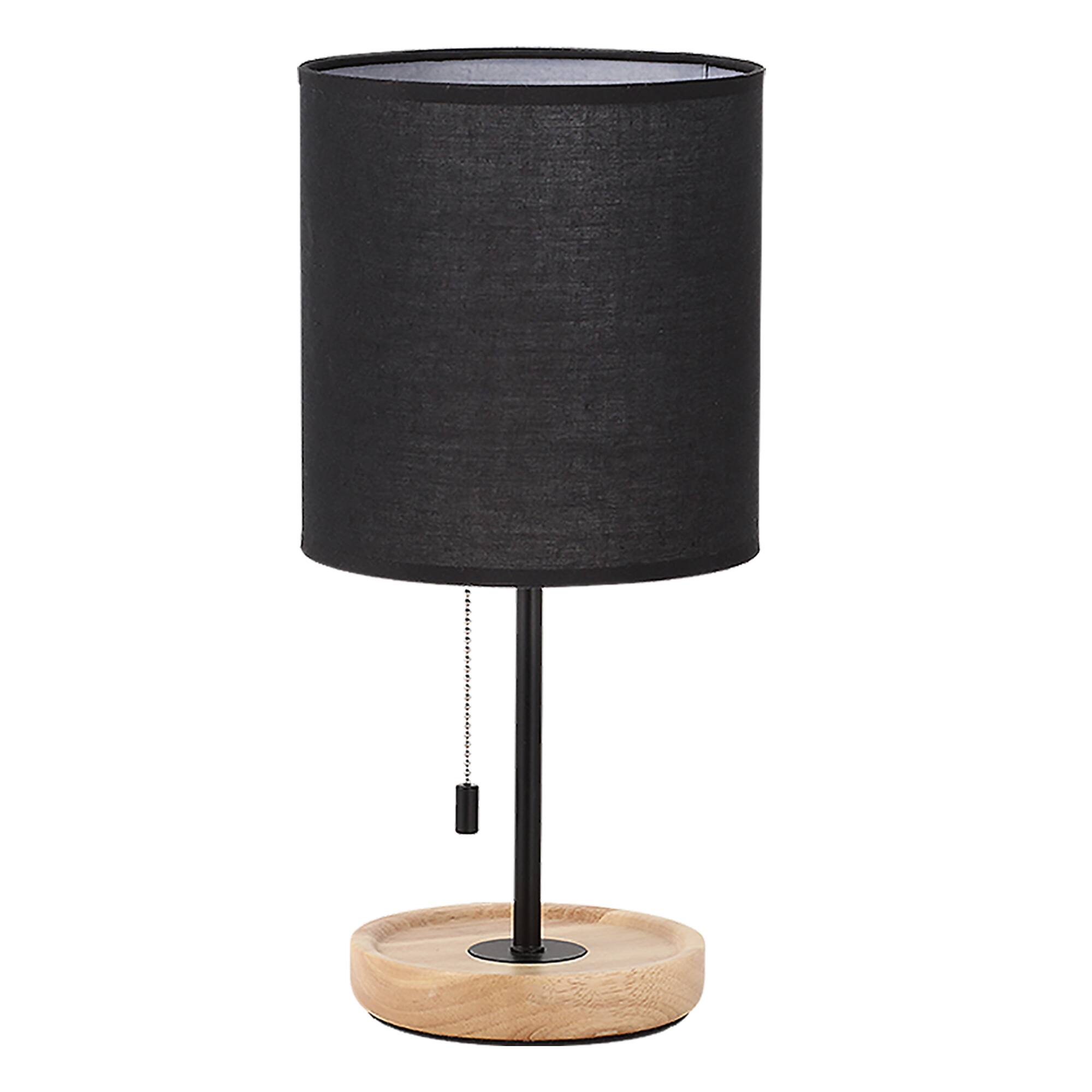 Oumilen 16in Table Lamp – Black Cylinder Linen Shade, Wood Tray Base ...