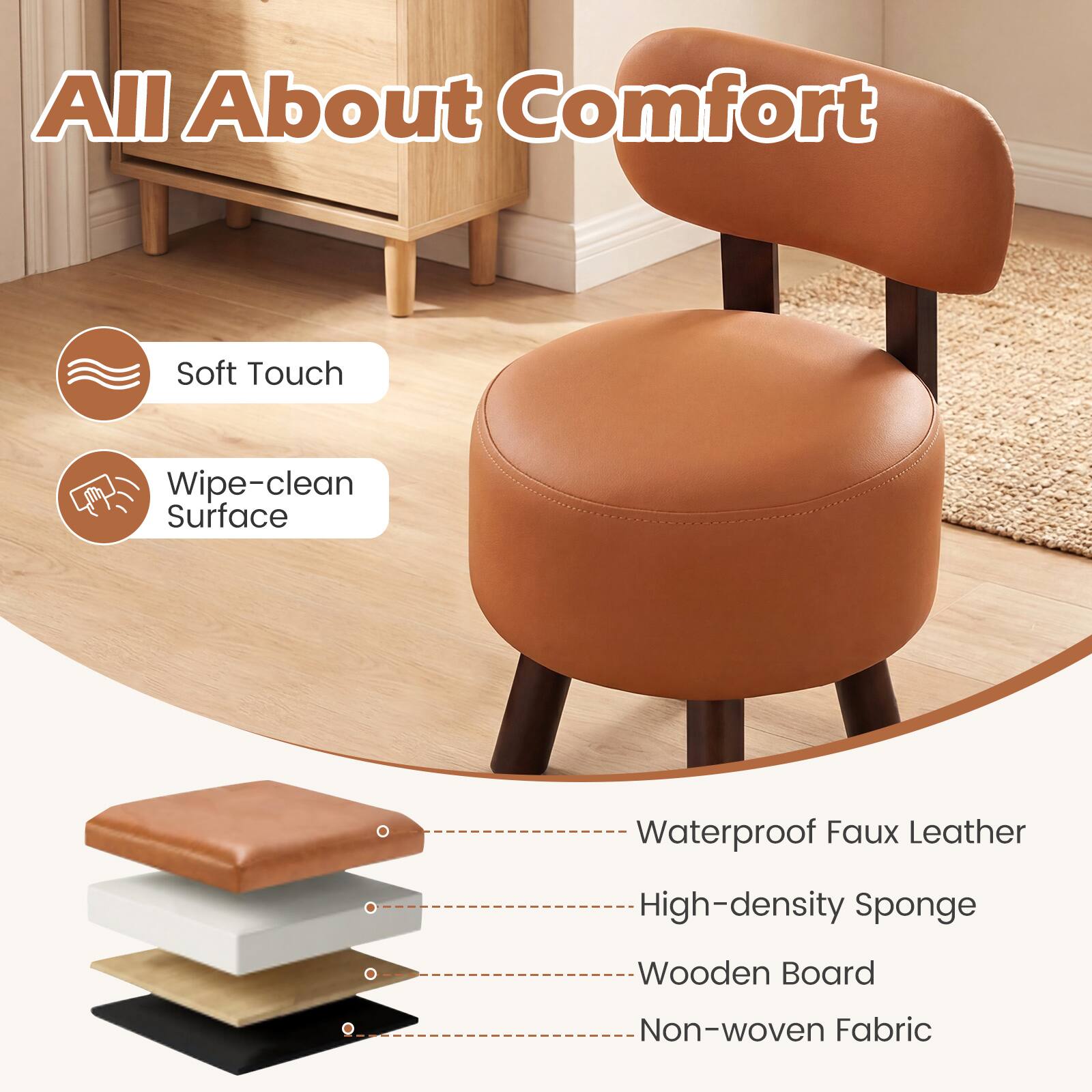 All About Comfort

- Soft Touch
- Wipe-clean Surface

Waterproof Faux Leather
High-density Sponge
Wooden Board
Non-woven Fabric