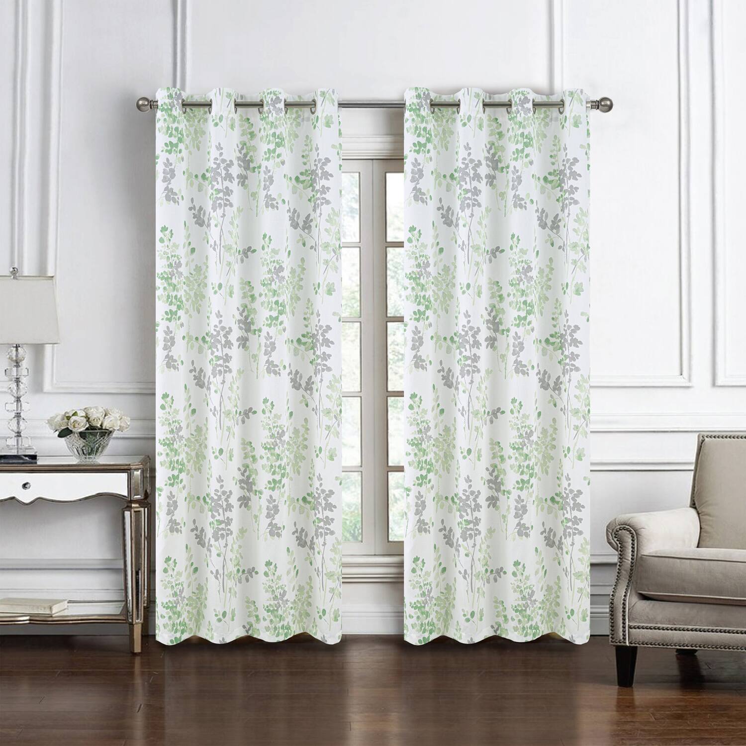Angle. Olivia Gray - Olivia Gray 100% Polyester 140 GSM Aiden Printed Textured Grommet Curtain Panel 54" x 84" Green - Green.