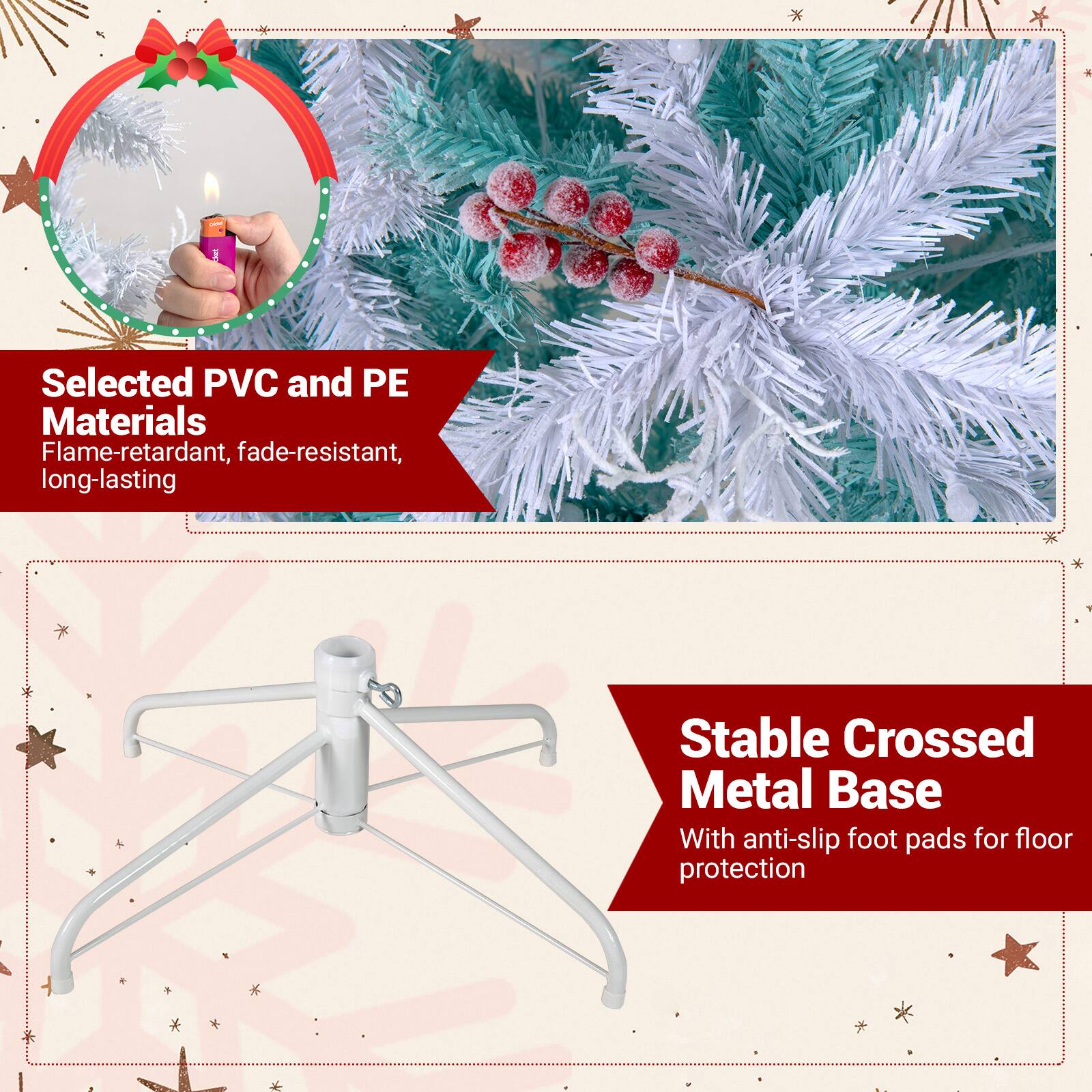 Selected PVC and PE Materials  
Flame-retardant, fade-resistant, long-lasting  

Stable Crossed Metal Base  
With anti-slip foot pads for floor protection