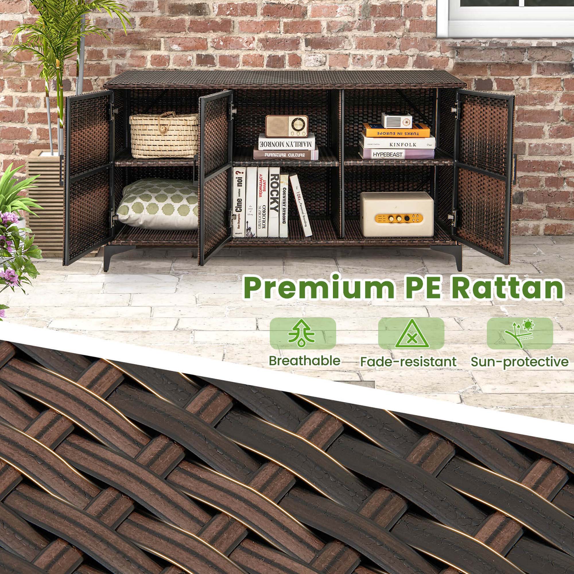 A Premium PE Rattan bookshelf is displayed in front of a brick wall. The bookshelf is filled with various books and has a wicker design. The books are arranged in different positions, creating an organized and visually appealing display. The bookshelf is placed on a brick floor, which adds to the overall aesthetic of the scene.