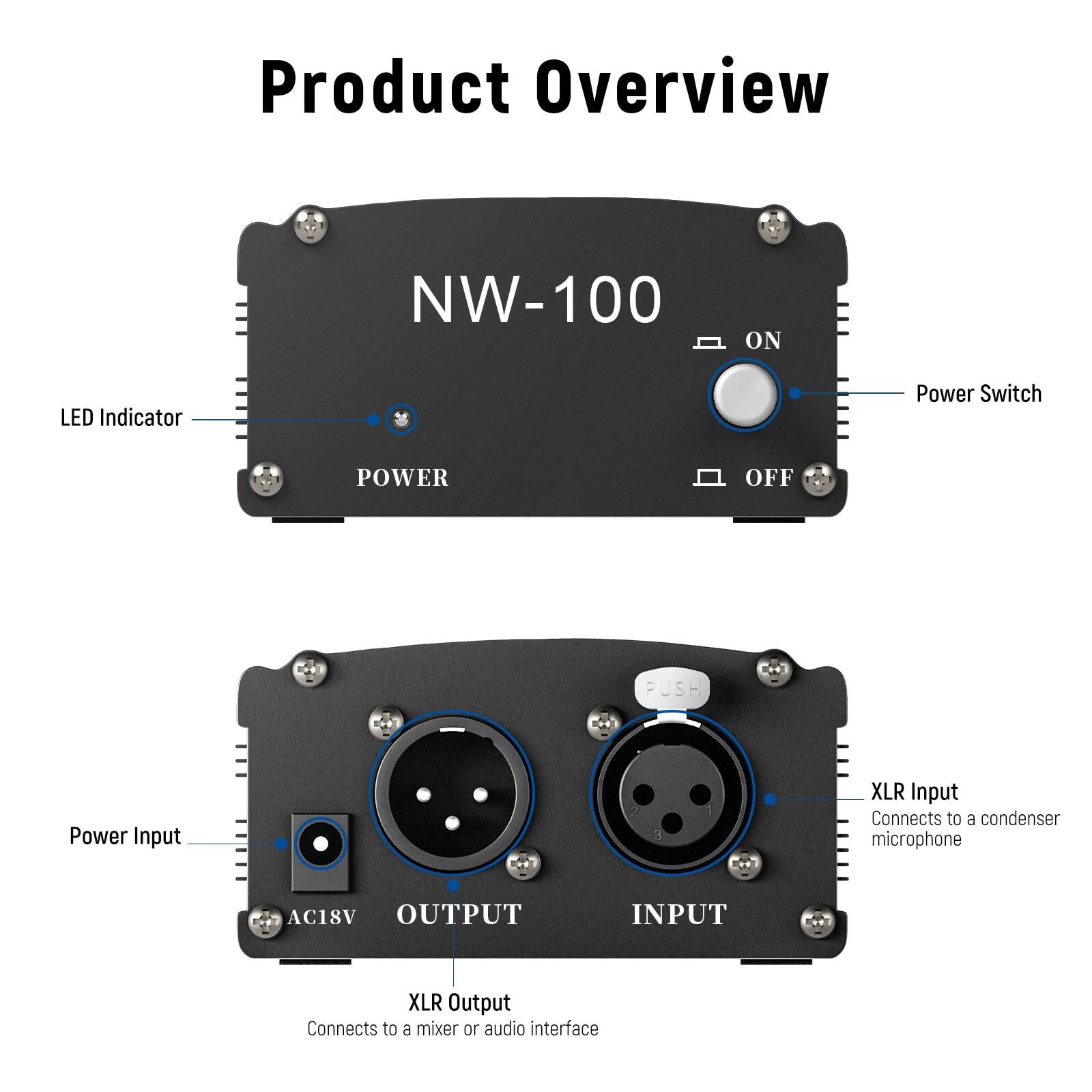 Product Overview

NW-100

- LED Indicator
- Power Switch (ON/OFF)
- Power Input (AC18V)
- XLR Input (Connects to a condenser microphone)
- XLR Output (Connects to a mixer or audio interface)