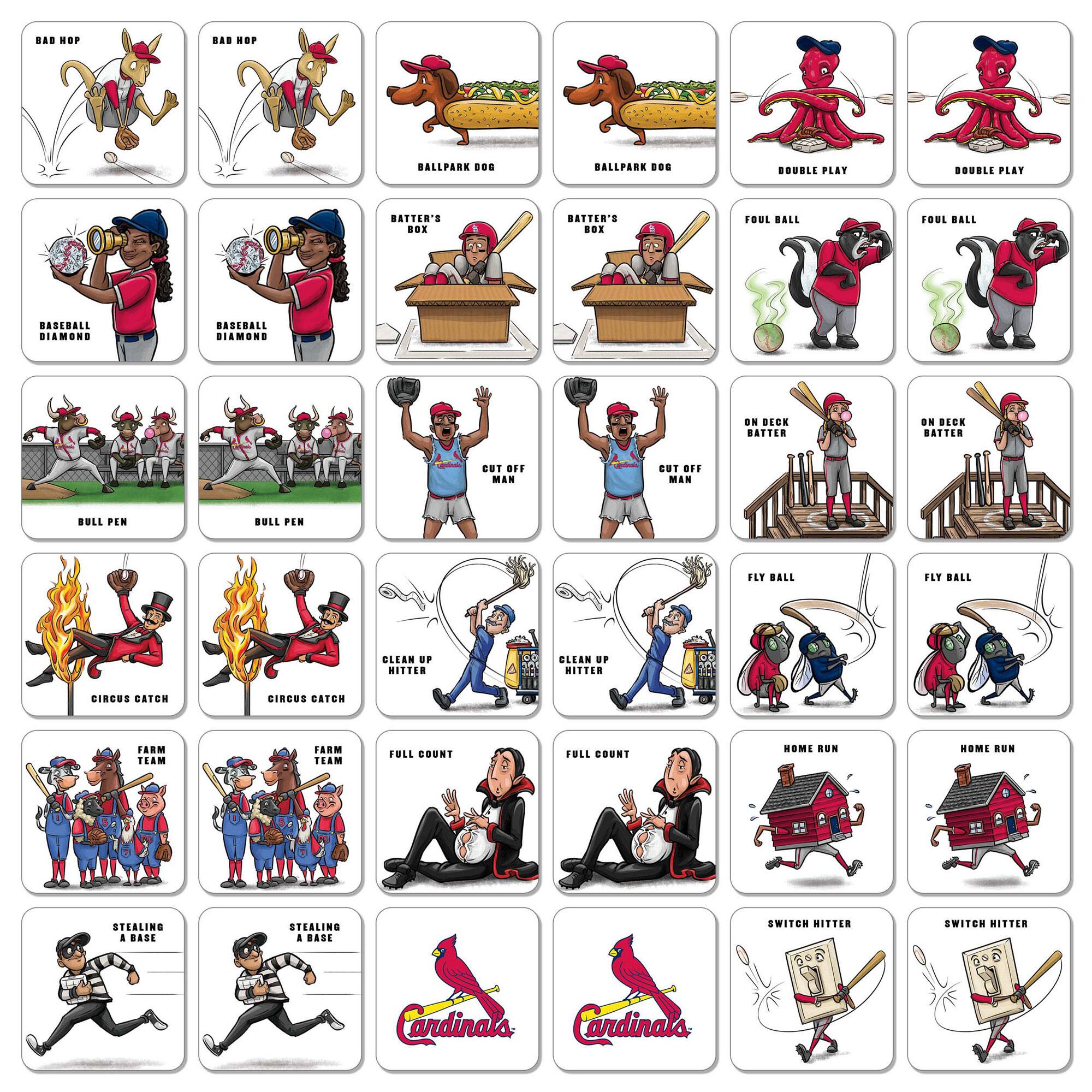 - BAD HOP
- BALLPARK DOG
- BASEBALL DIAMOND
- BATTER'S BOX
- BULL PEN
- CUT OFF MAN
- DOUBLE PLAY
- FOUL BALL
- FULL COUNT
- HOME RUN
- STEALING A BASE
- SWITCH HITTER
- CIRCUS CATCH
- CLEAN UP HITTER
- FARM TEAM
- ON DECK BATTER
- FLY BALL
- CARDINALS