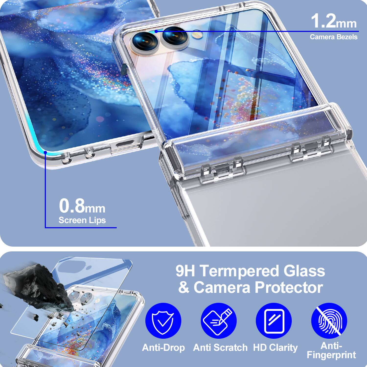 1.2mm Camera Bezels  
0.8mm Screen Lips  
9H Tempered Glass & Camera Protector  
Anti-Drop  
Anti-Scratch  
HD Clarity  
Anti-Fingerprint