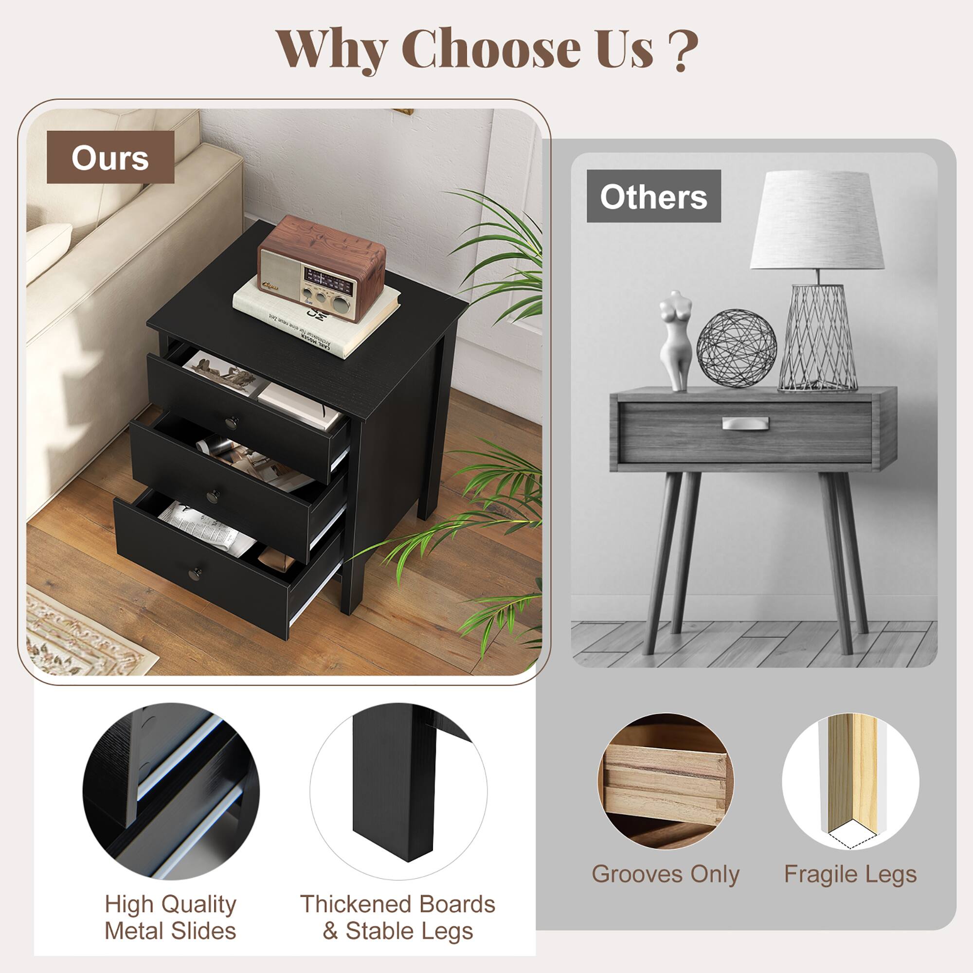 Why Choose Us?

**Ours:**
- High Quality Metal Slides
- Thickened Boards & Stable Legs

**Others:**
- Grooves Only
- Fragile Legs