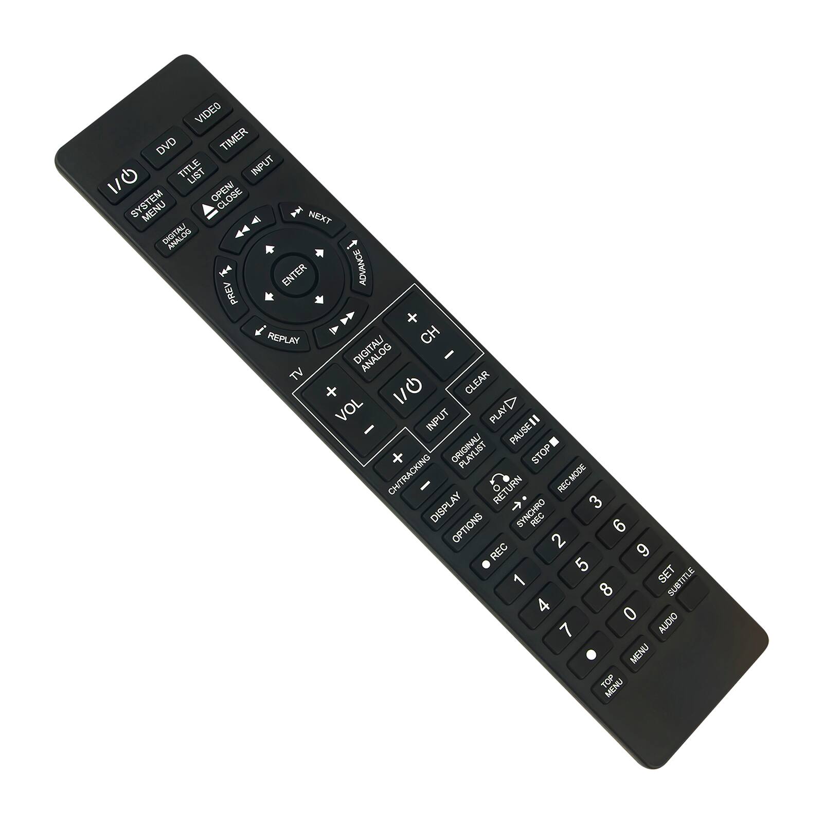 VIDEO DVD TIMER  
TITLE LIST INPUT OPEN/CLOSE MENU NEXT DIGITAL PREV ENTER ADVANCE + REPLAY DIGITAL/CH TV CLEAR VOL Q/1 INPUT PLAY ORIGINAL/PAUSE STOP CH/TRACKING DISPLAY RETURN REC MODE 3 OPTIONS SYNCHRO REC 9 2 6 REC 5 1 SET SUBTITLE 8 4 0 7 AUDIO MENU TOP MENU