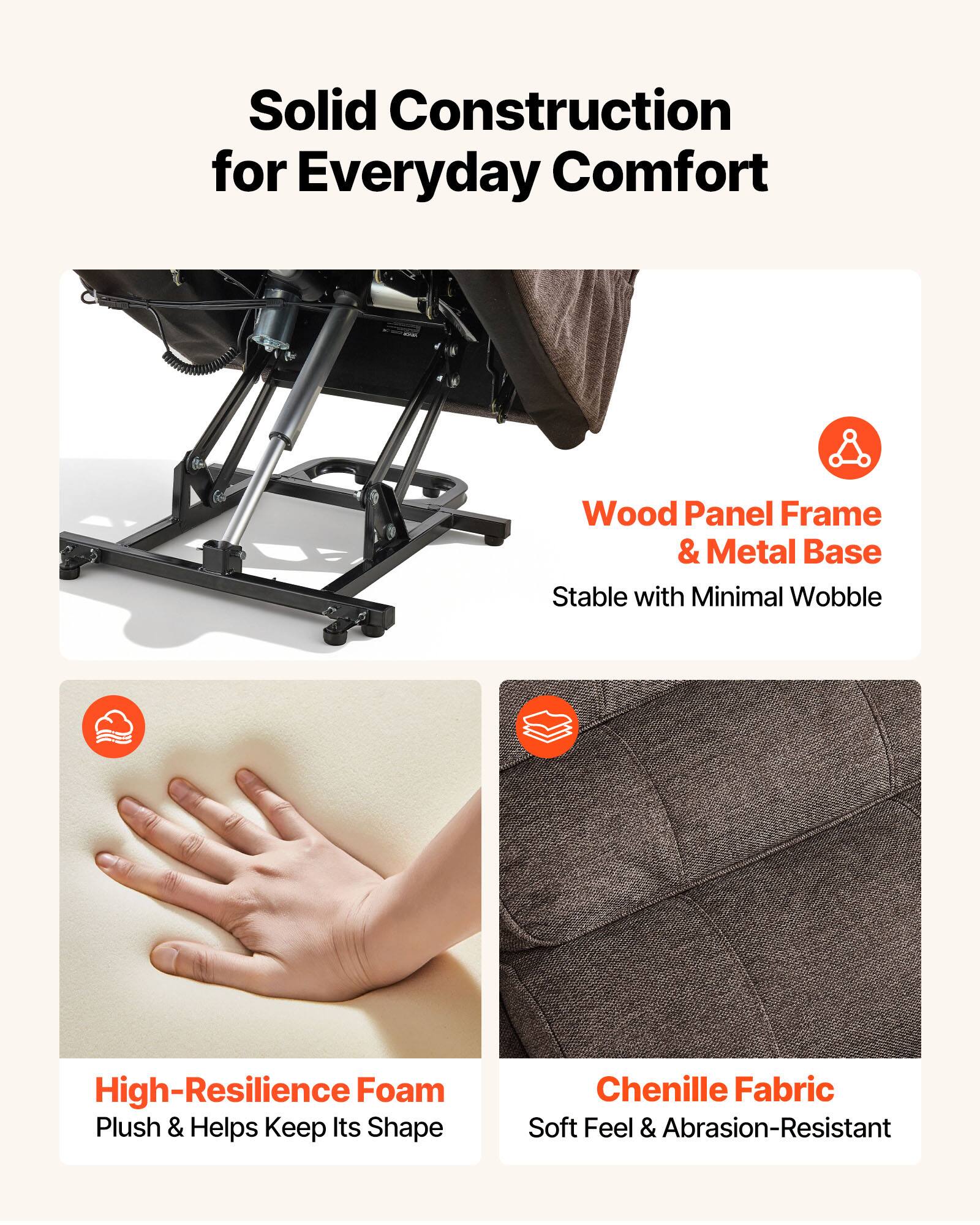 Solid Construction for Everyday Comfort

- Wood Panel Frame & Metal Base
  - Stable with Minimal Wobble

- High-Resilience Foam
  - Plush & Helps Keep Its Shape

- Chenille Fabric
  - Soft Feel & Abrasion-Resistant