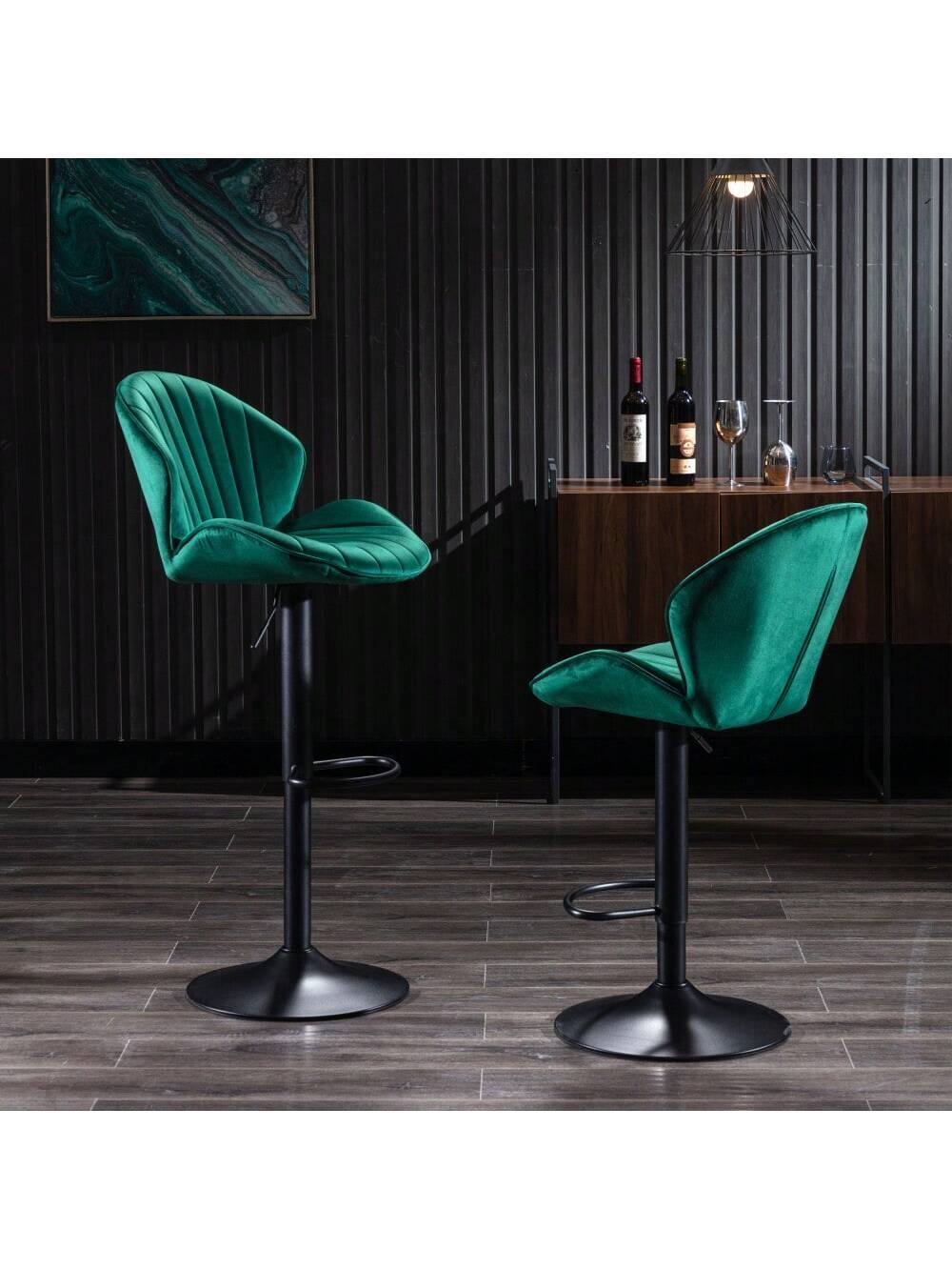 Angle. Trinkets Crazed - Adjustable Swivel Gold Bar Stools Set Of 2, Counter Height With Backs, Velvet Island Chairs For Kitchen Home Decor - Green.