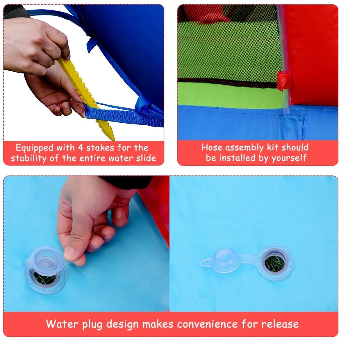 Here is the corrected and grouped text from the image:

1. **Equipped with 4 stakes for the stability of the entire water slide.**
2. **Hose assembly kit should be installed by yourself.**
3. **Water plug design makes convenience for release.**