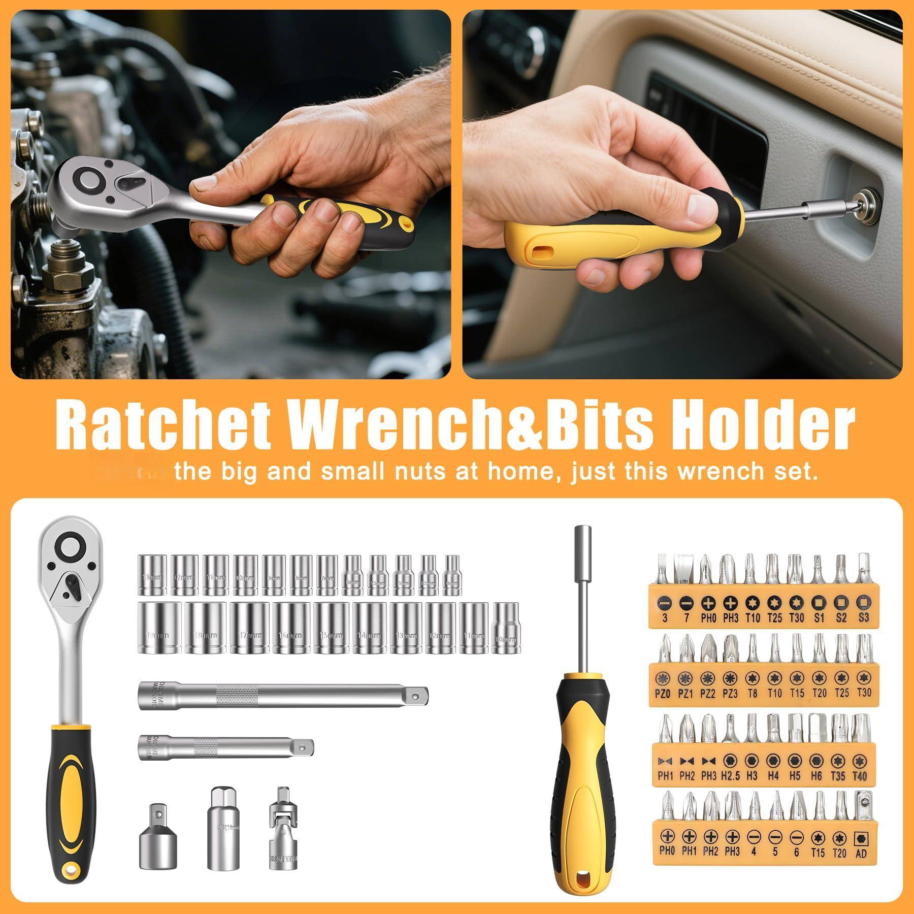 Ratchet Wrench & Bits Holder

the big and small nuts at home, just this wrench set.

- 3, 7, 9, 10, 13, 15, 17, 20, 25, 30, S1, S2, S3
- PZ0, PZ1, PZ2, PZ3, T10, T15, T20, T25, T30, T35, T40
- PH0, PH1, PH2, PH3, H2.5, H4, H5, H6, T15, T20, AD
- PH0, PH1, PH2, PH3, 4, 5, 6, T15, T20, AD