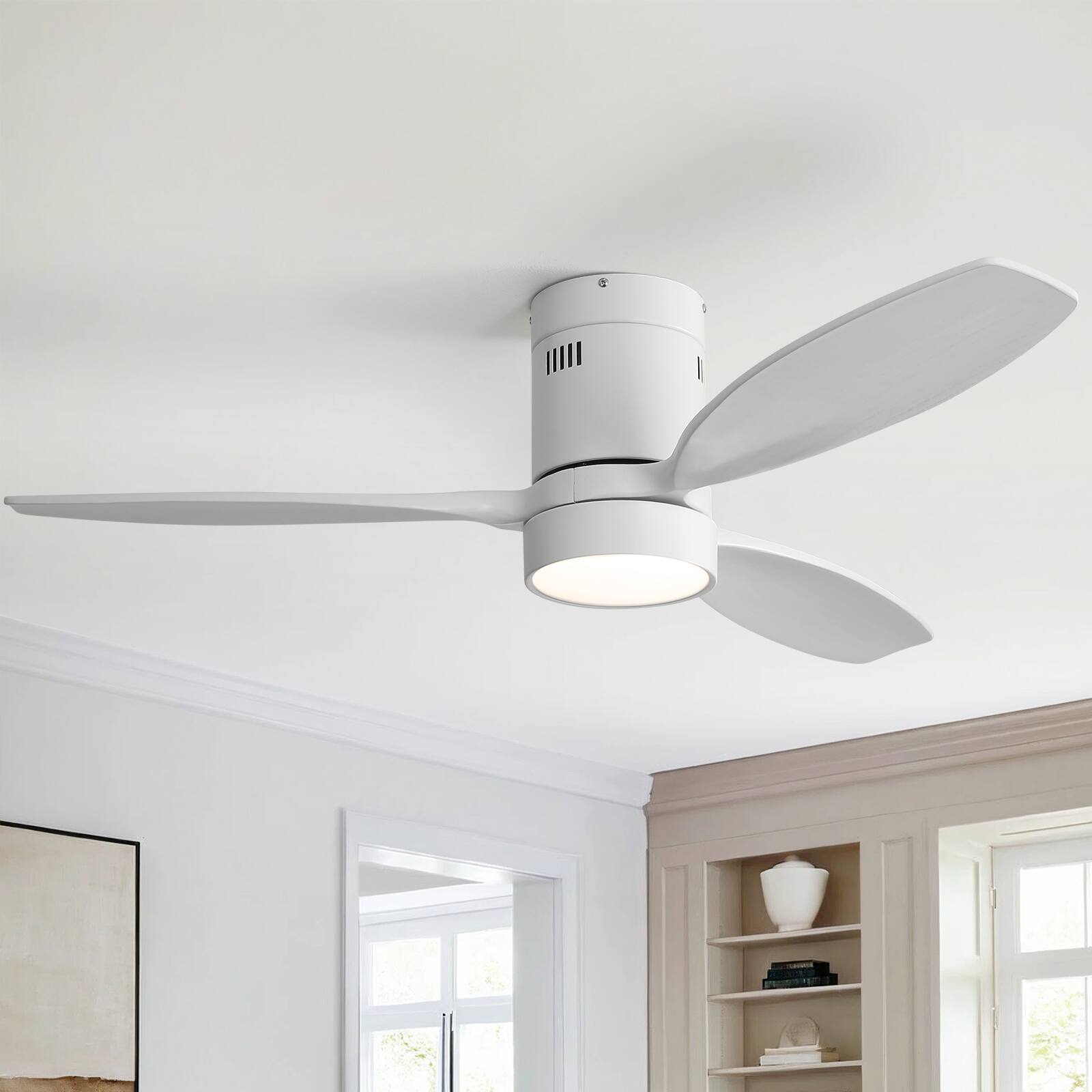 Alt View 5. Sofucor - 52'' Smart Solid Wood Ceiling Fans with Light Flush Mount Low Profile Ceiling Fan with Alexa/Google/APP/Remote Control - White.