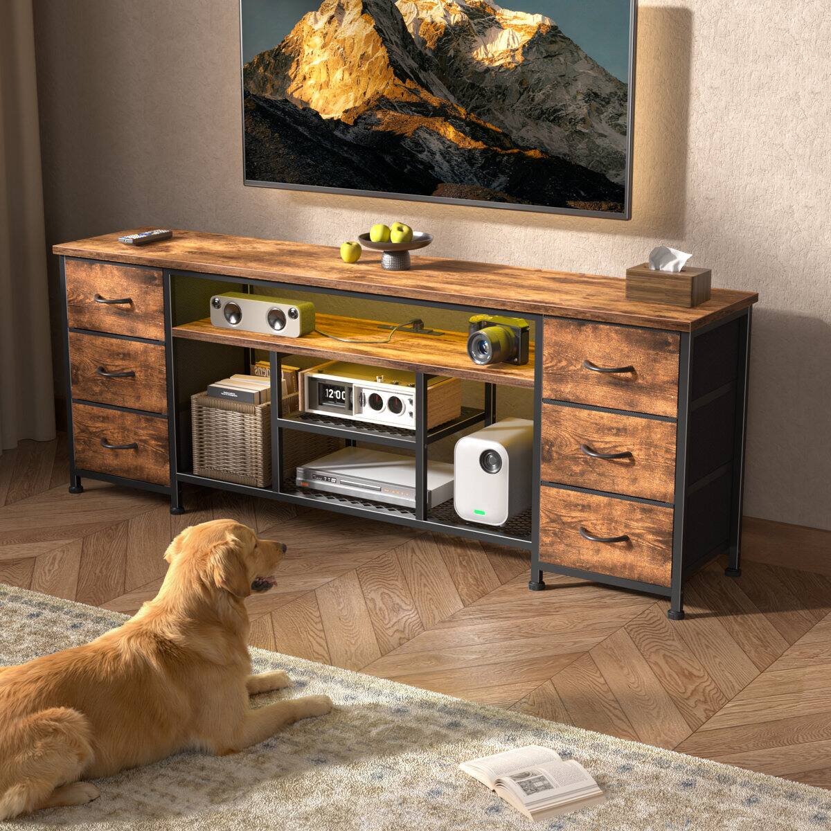 Left. Furnulem - Modern TV Stand with Power Outlets 6 Drawer Entertainment Center Media Console with Storage for Living Room - Brown.