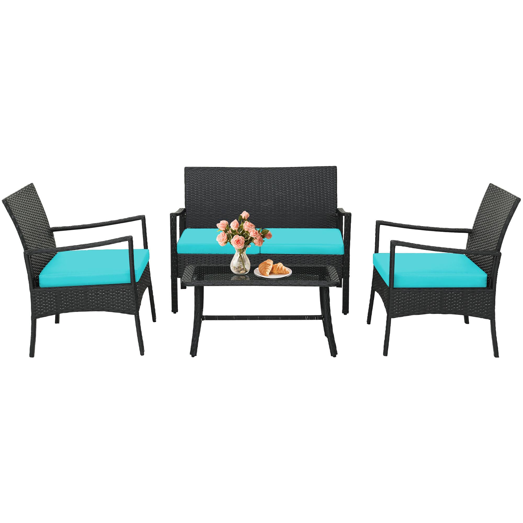 Alt View 1. Gymax - Gymax 4PCS Patio Rattan PE Wicker Furniture Conversation Set w/ Sofa Chair & Table - Turquoise.