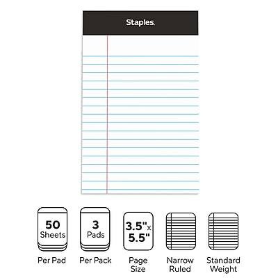 Staples  
50 Sheets Per Pad  
3 Pads Per Pack  
3.5" x 5.5" Page Size  
Narrow Ruled  
Standard Weight