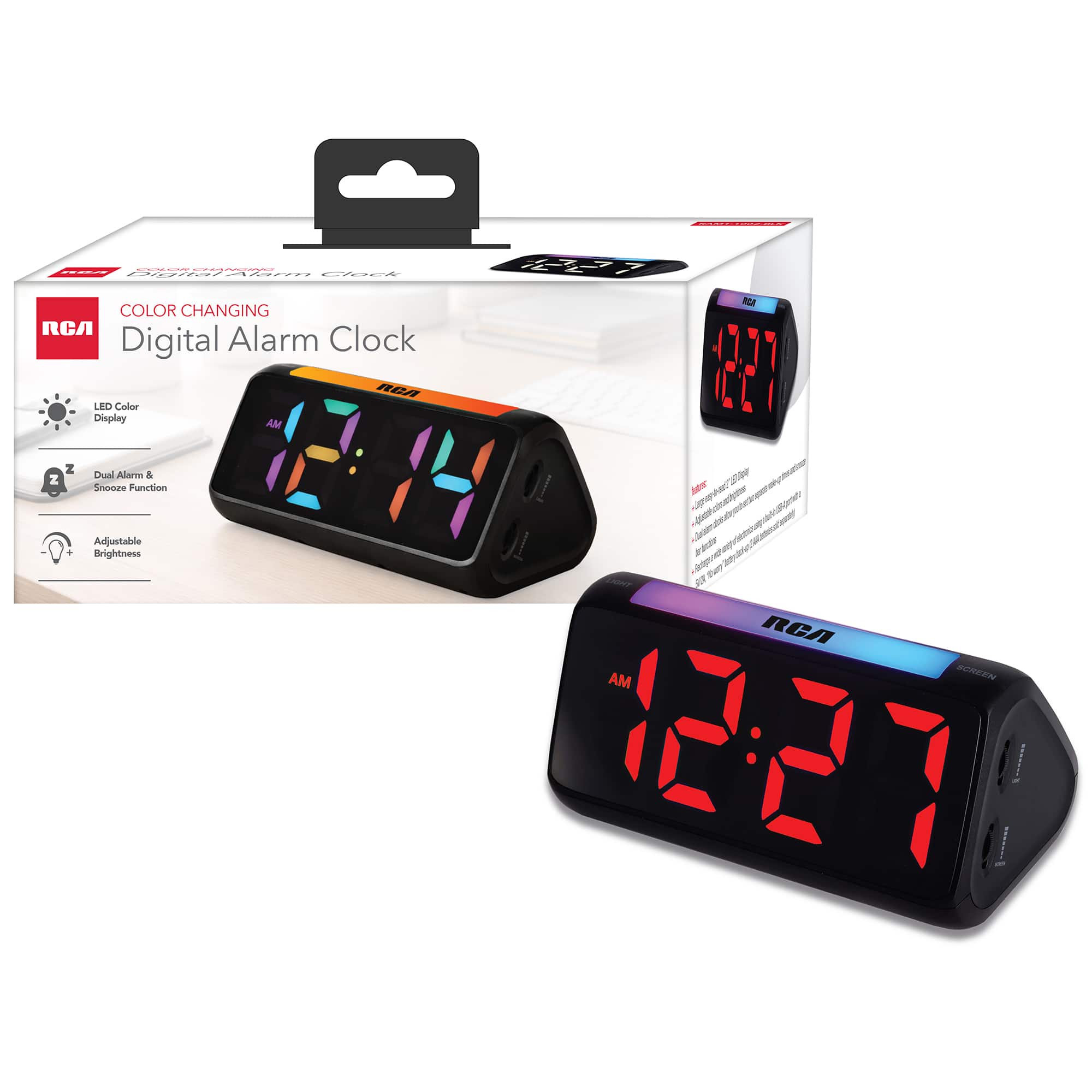 RCA - Color Changing Digital Alarm Clock – 2" LED Display, Dual Alarm, USB Charging, Adjustable Brightness - Black