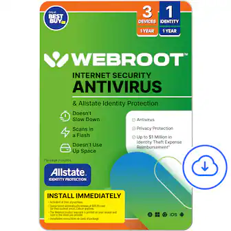 Webroot Internet Security Antivirus & Allstate Identity Protection:
* Doesn't slow down antivirus scans in a flash
* Doesn't use up space
* Privacy protection
* Up to $1 million in identity theft expense reimbursement
Package includes Allstate Identity Protection. Install immediately. Activated at time of purchase. Subscription automatically renews at $99.99/year (then-current price). Cancel anytime. The Webroot product keycode is printed on your receipt and sent to the email you provide. Installation instructions on back of package. iOS.