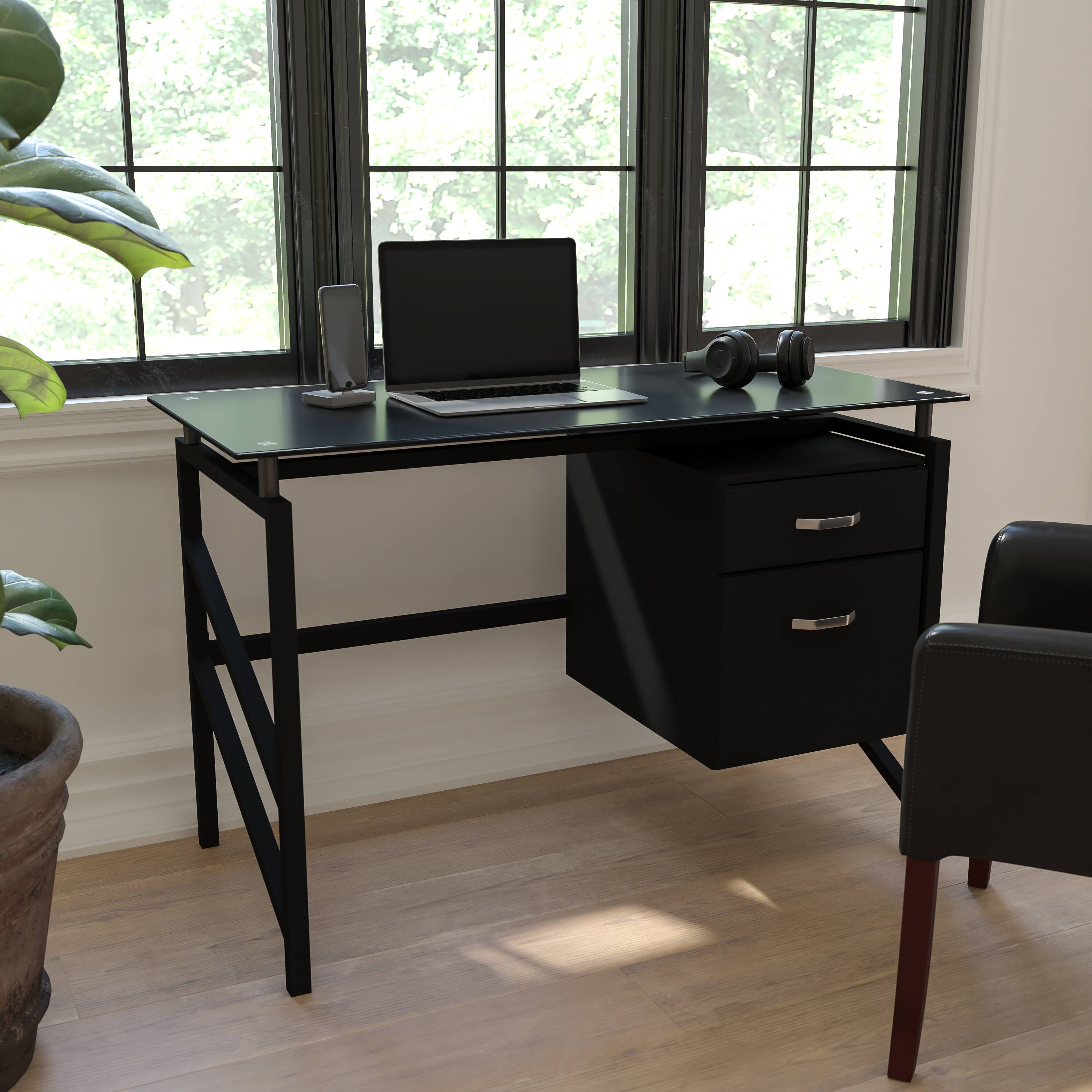 Alt View 1. Emma + Oliver - Two Drawer Pedestal Desk with Tempered Glass Top and Metal Frame - Black.