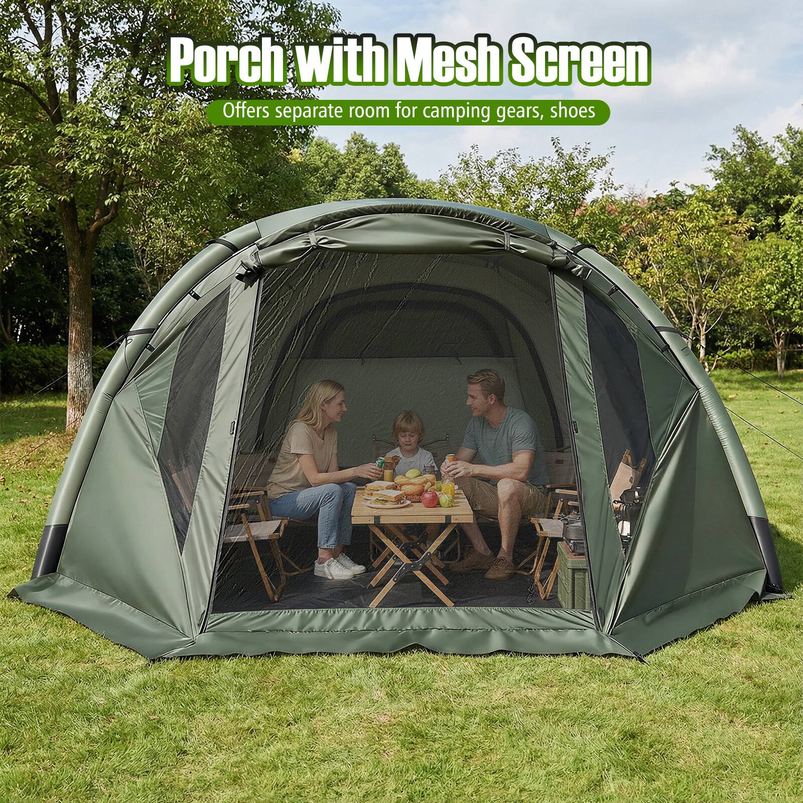 Porch with Mesh Screen  
Offers separate room for camping gears, shoes