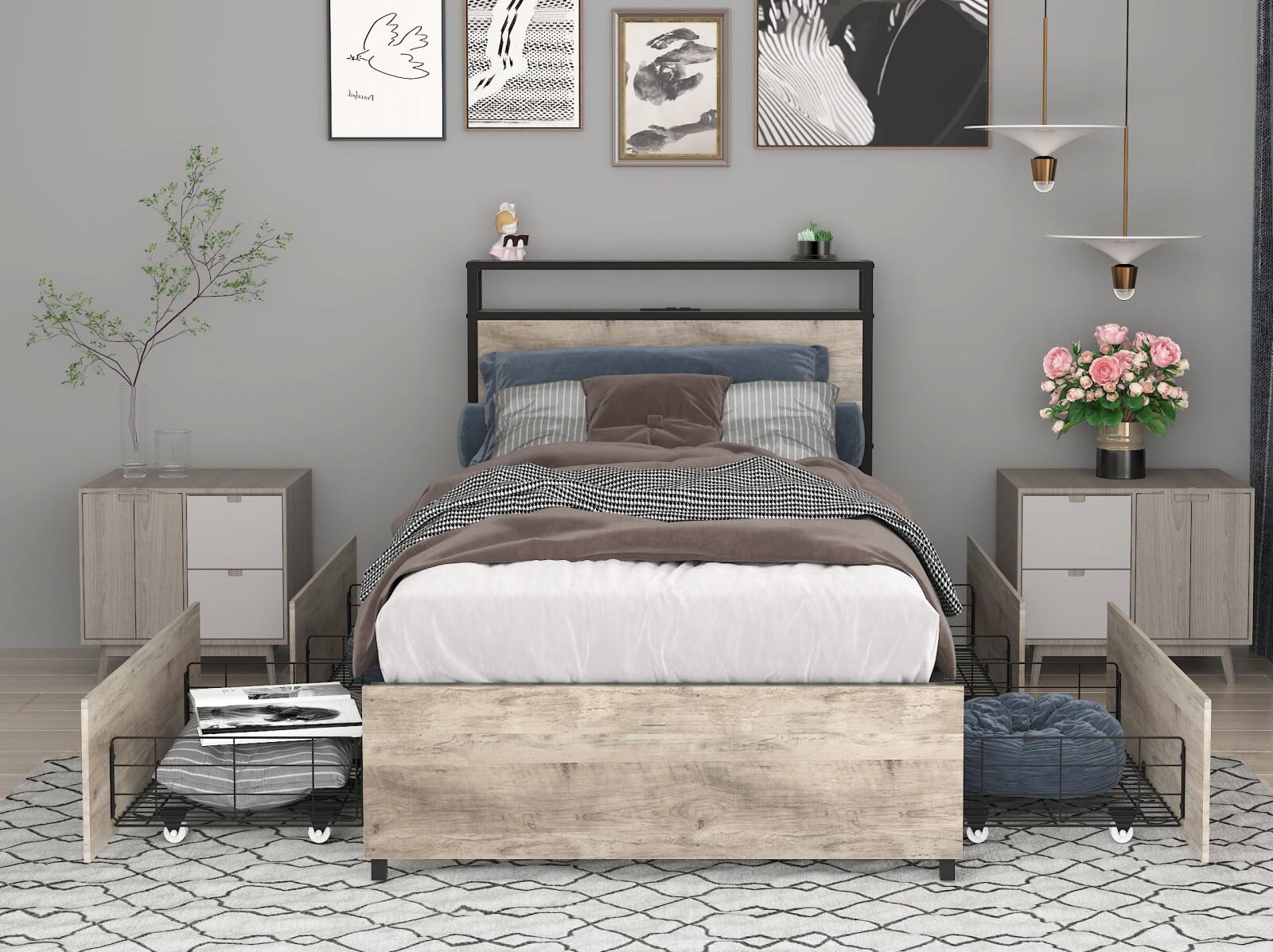 Alt View 4. Ecooso - Twin Bed Frame, Storage Headboard，Charging Station, Solid and Stable, Noise Free, No Box Spring Needed, Easy Assembly - Gray Wash.