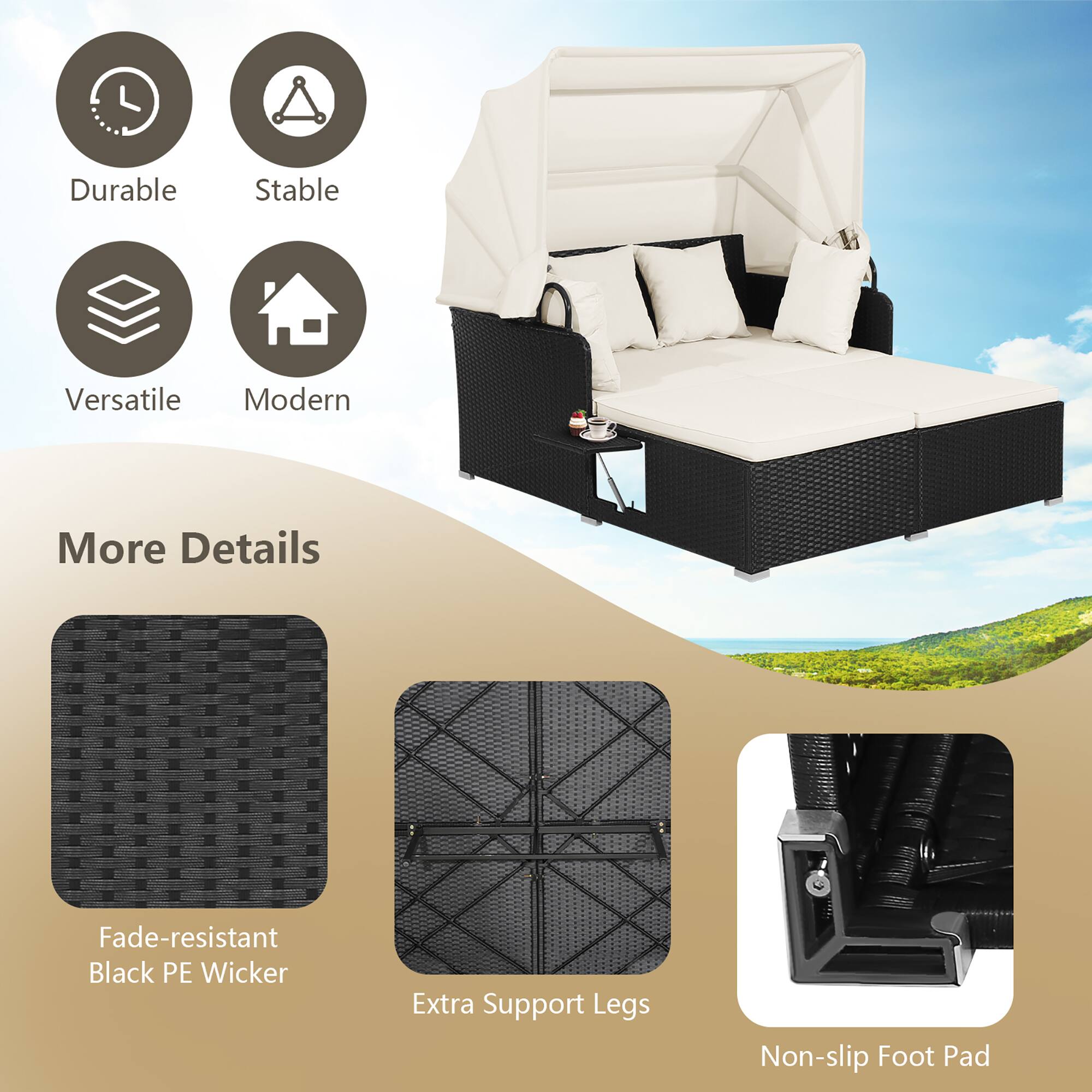 - Durable
- Stable
- Versatile
- Modern

More Details

- Fade-resistant Black PE Wicker
- Extra Support Legs
- Non-slip Foot Pad