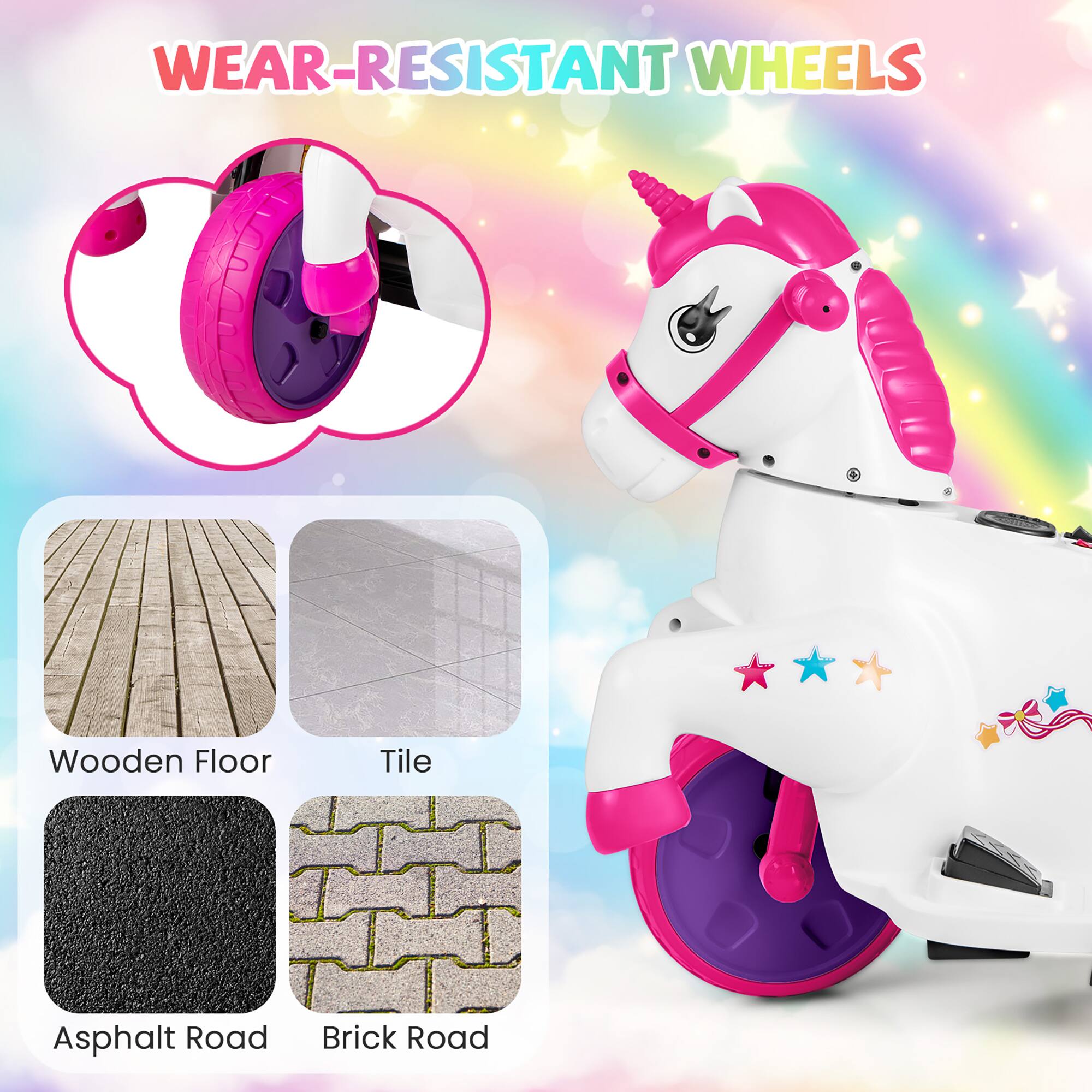 WEAR-RESISTANT WHEELS

Wooden Floor  
Tile  
Asphalt Road  
Brick Road