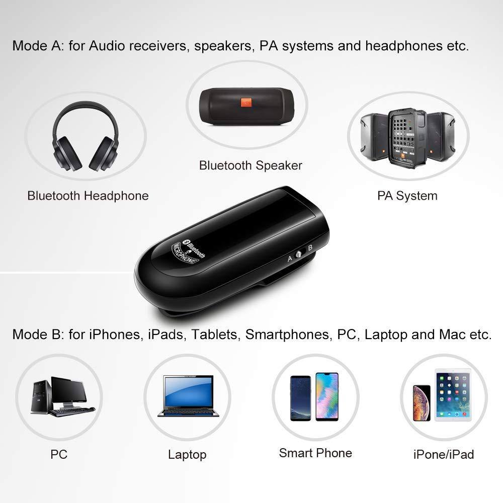 Mode A: for Audio receivers, speakers, PA systems and headphones etc.

- Bluetooth Headphone
- Bluetooth Speaker
- PA System

Mode B: for iPhones, iPads, Tablets, Smartphones, PC, Laptop and Mac etc.

- PC
- Laptop
- Smart Phone
- iPhone/iPad