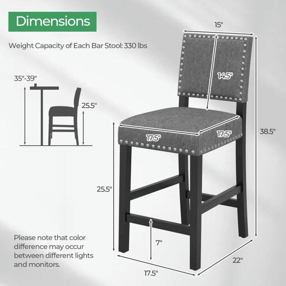 Dimensions  
Weight Capacity of Each Bar Stool: 330 lbs  

- Height: 35"-39"  
- Seat Height: 25.5"  
- Seat Depth: 17.5"  
- Seat Width: 17.5"  
- Overall Height: 38.5"  
- Back Height: 15"  
- Back Width: 14.5"  
- Leg Width: 22"  
- Leg Depth: 17.5"  
- Leg Height: 7"  

Please note that color difference may occur between different lights and monitors.