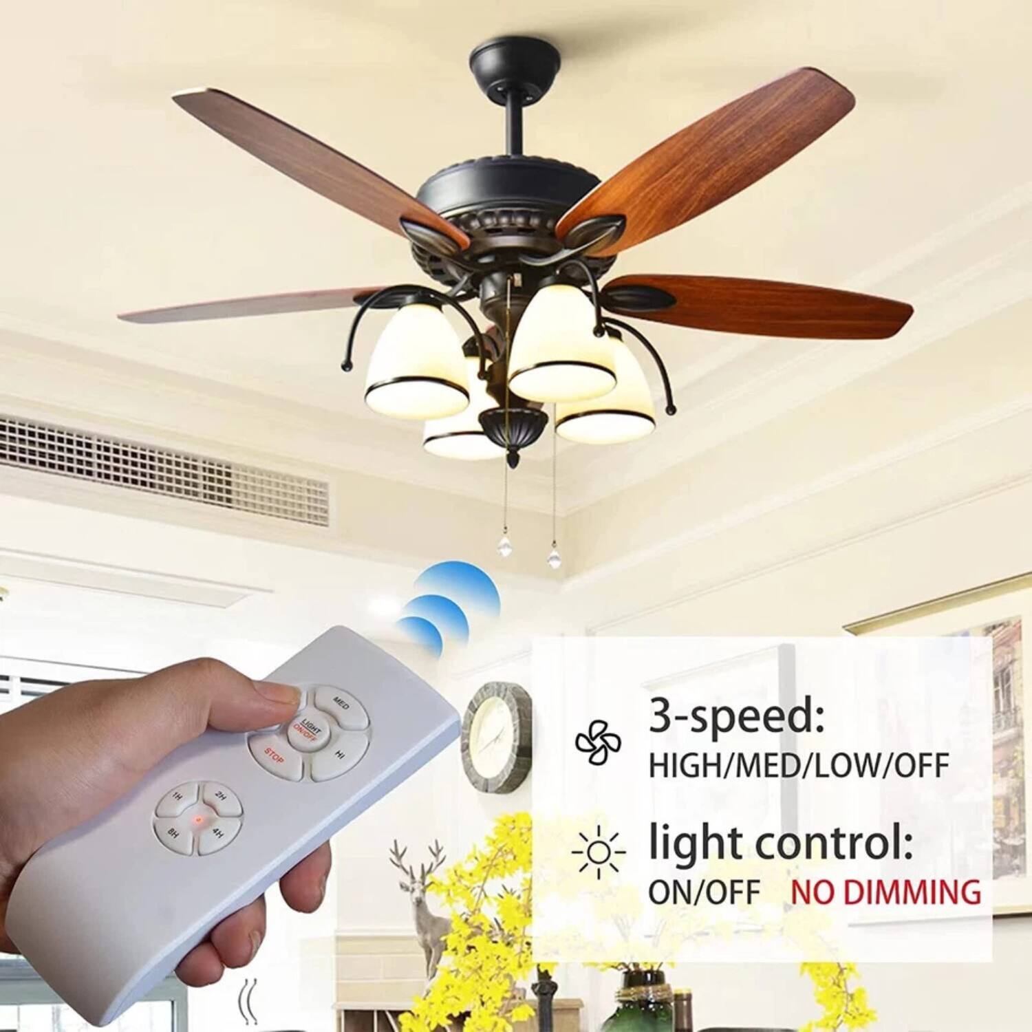 3-speed: HIGH/MED/LOW/OFF  
light control: ON/OFF  
NO DIMMING