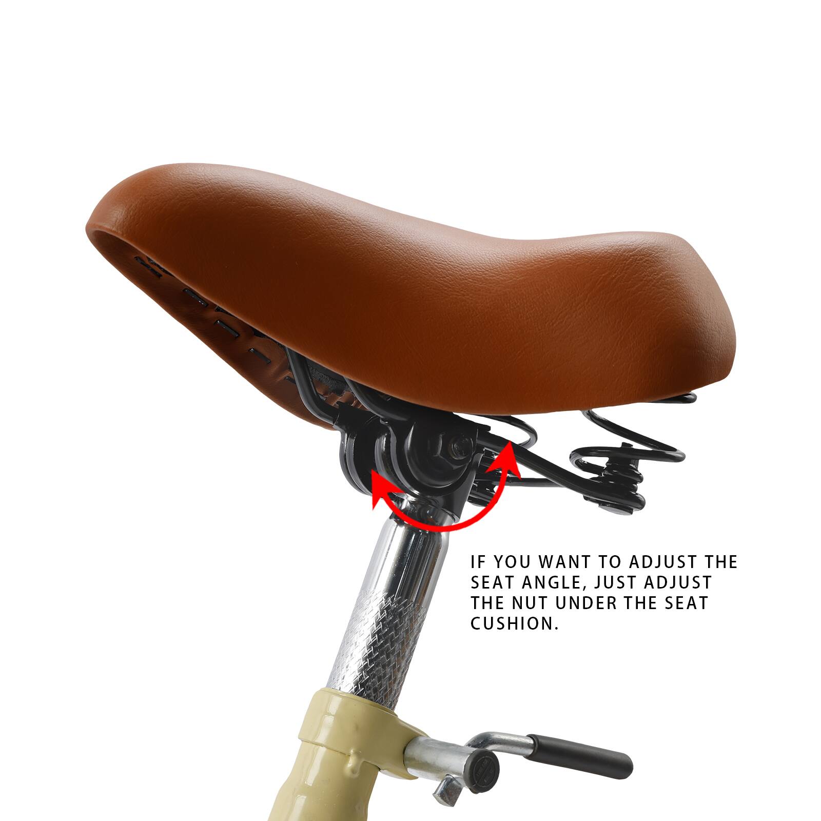 IF YOU WANT TO ADJUST THE SEAT ANGLE, JUST ADJUST THE NUT UNDER THE SEAT CUSHION.