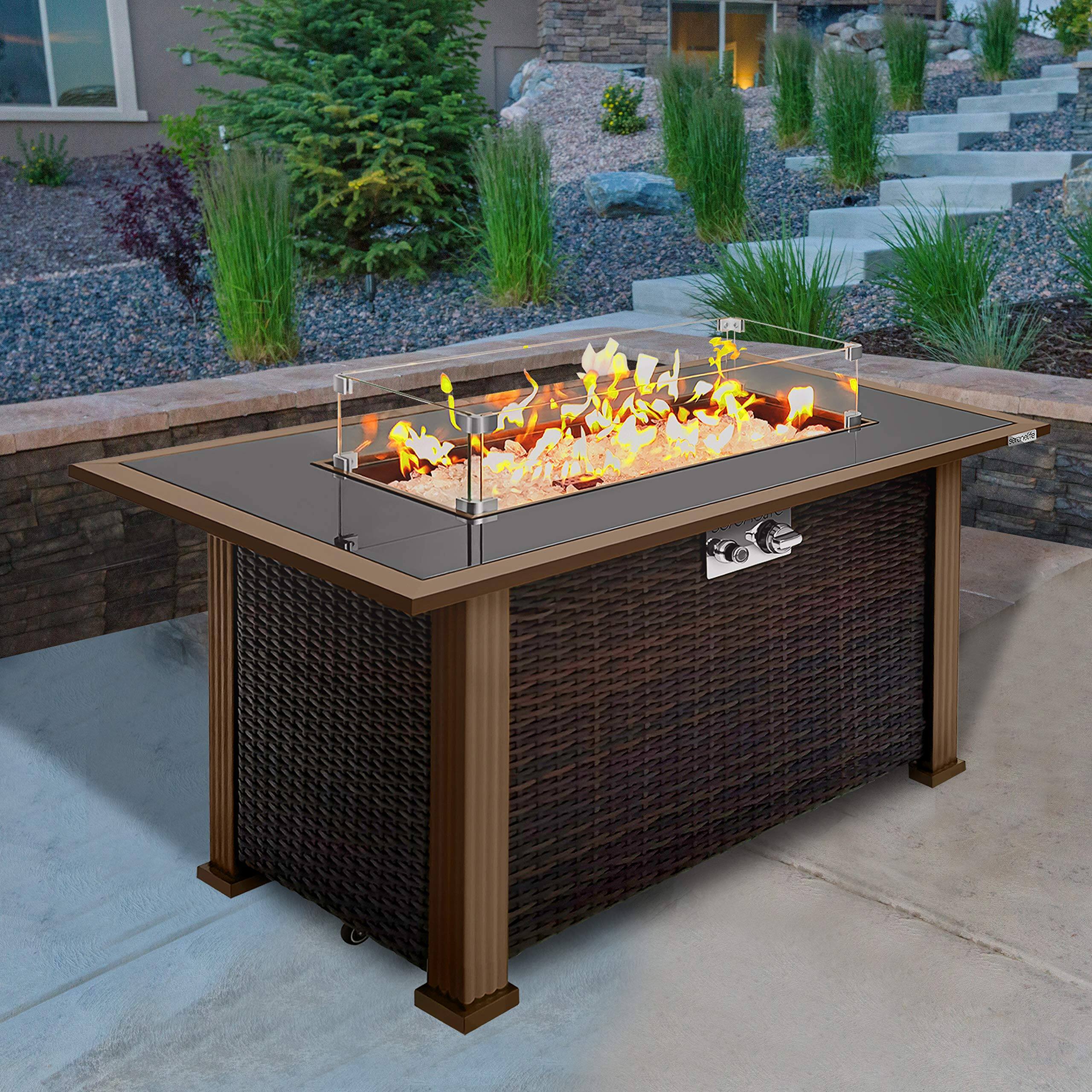 Alt View 5. SereneLife - SereneLife Outdoor Propane Fire Pit Table, 50,000 BTU, Auto-Ignition, Black Glass Wind Guard - SLFPTL - Rattan Brown.