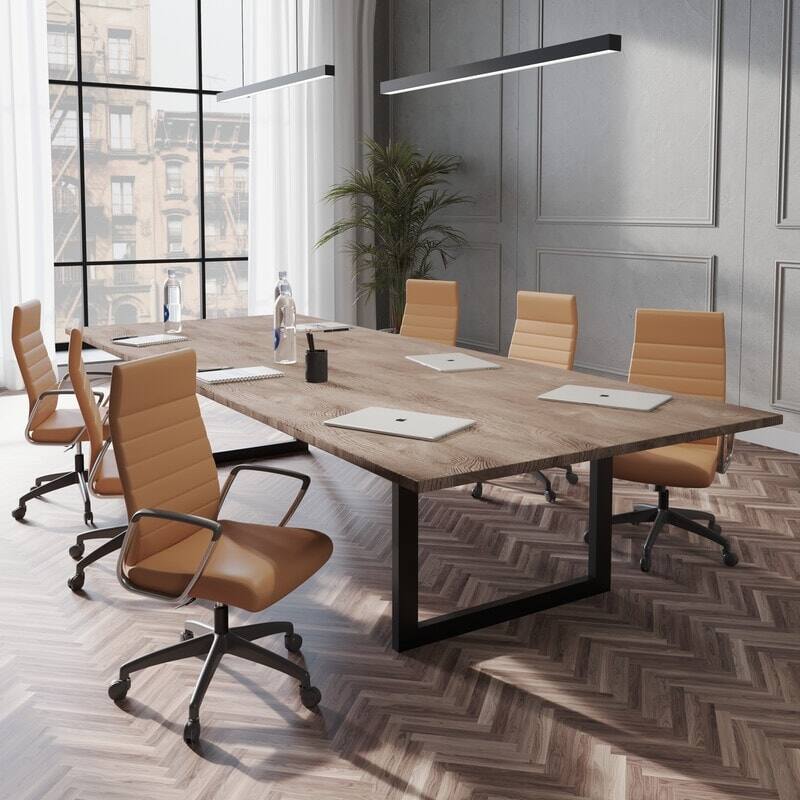 Left. LeisureMod - Hilton High-Back Adjustable Office Desk Chair Upholstered in Leather with Steel Frame, Swivel, and Ergonomic Support - Light Brown.