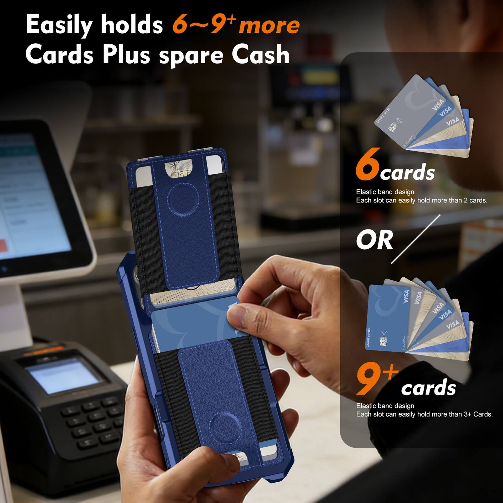 Easily holds 6~9+ more Cards Plus spare Cash

6 cards
Elastic band design
Each slot can easily hold more than 2 cards.

OR

9+ cards
Elastic band design
Each slot can easily hold more than 3+ Cards.