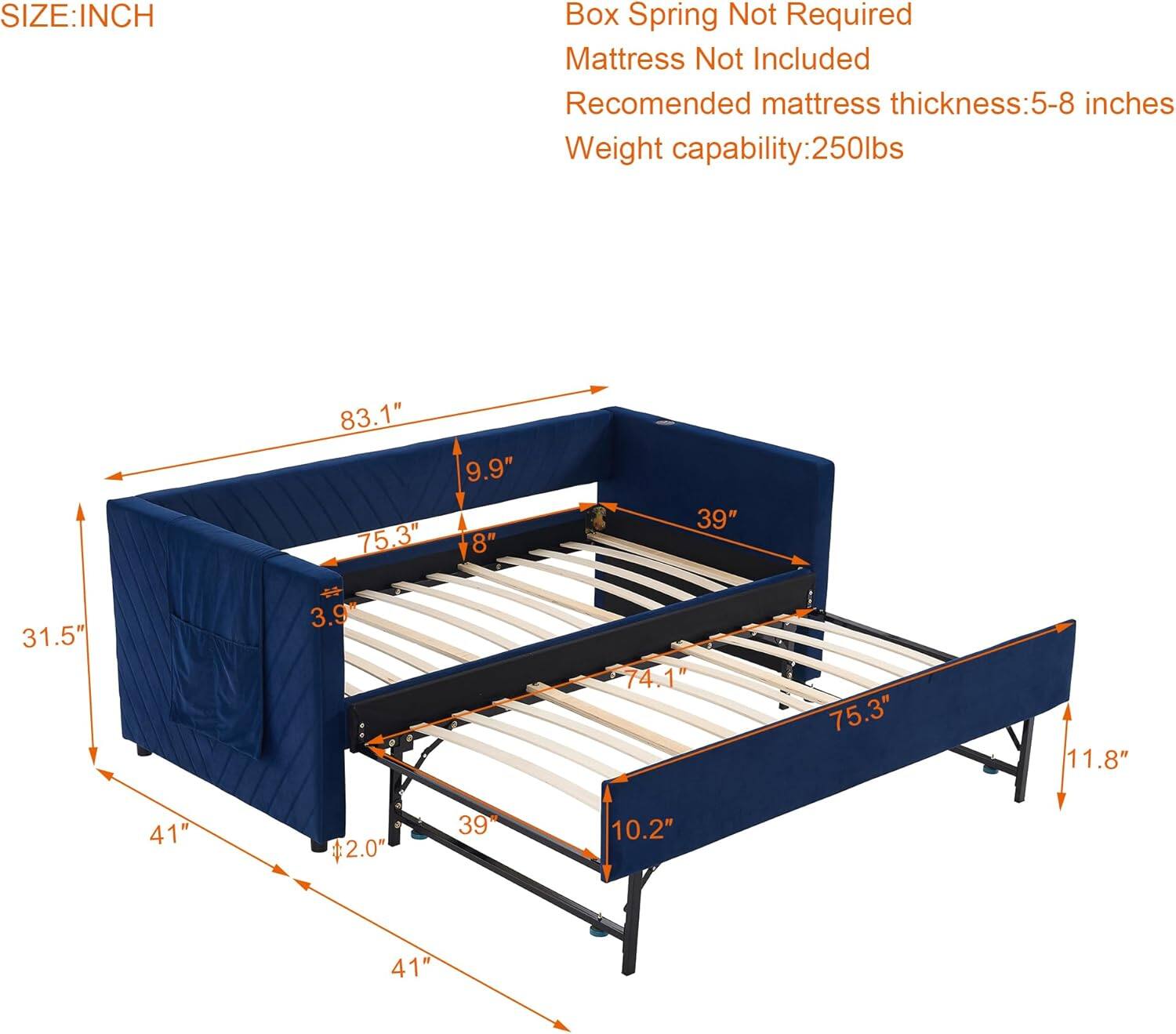 **SIZE: INCH**

- Box Spring Not Required
- Mattress Not Included
- Recommended mattress thickness: 5-8 inches
- Weight capability: 250 lbs

**Dimensions:**
- Length: 83.1"
- Width: 75.3"
- Height: 9.9"
- Depth: 39"
- Headboard Height: 11.8"
- Footboard Height: 10.2"
- Side Rail Height: 8"
- Leg Height: 2.0"
- Mattress Thickness: 5-8 inches