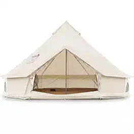 Costway - 13.5 ft Bell Tent with Stove Jack, Mesh Windows & Doors, Accommodates 4-6 Person - Beige