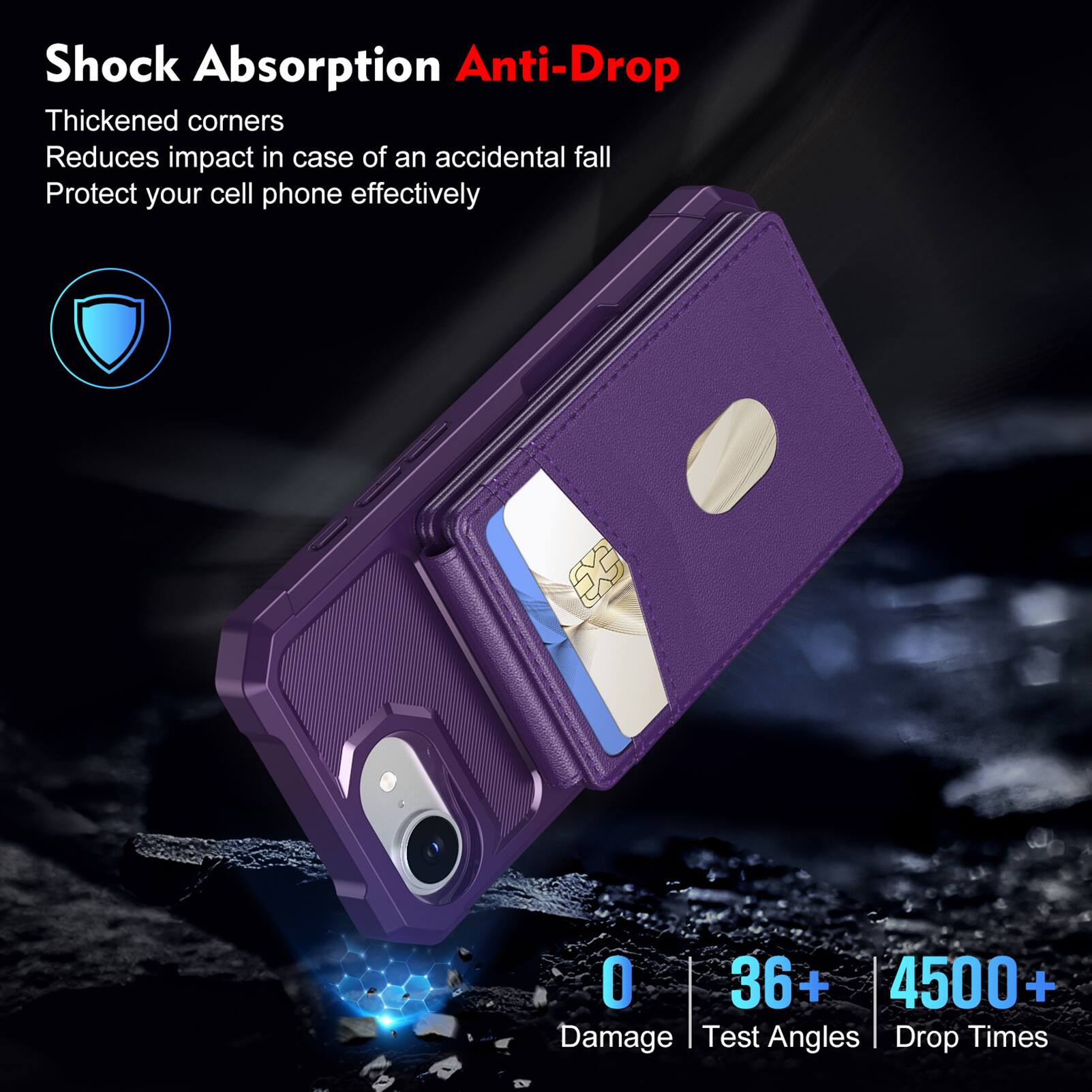 Shock Absorption Anti-Drop  
Thickened corners  
Reduces impact in case of an accidental fall  
Protect your cell phone effectively  

0 Damage  
36+ Test Angles  
4500+ Drop Times