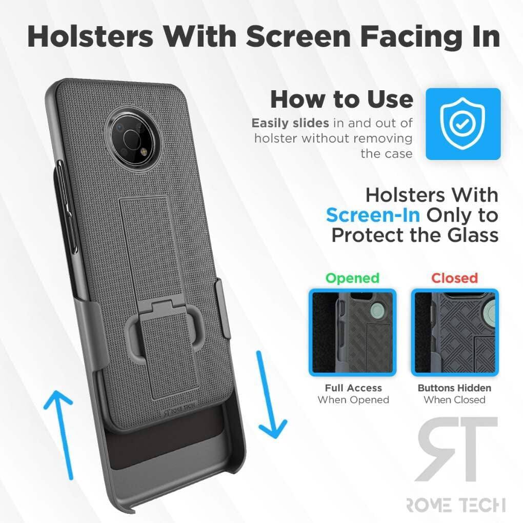 Holsters With Screen Facing In

How to Use  
Easily slides in and out of holster without removing the case

Holsters With Screen-In Only to Protect the Glass

Opened  
Full Access When Opened

Closed  
Buttons Hidden When Closed

ROME TECH