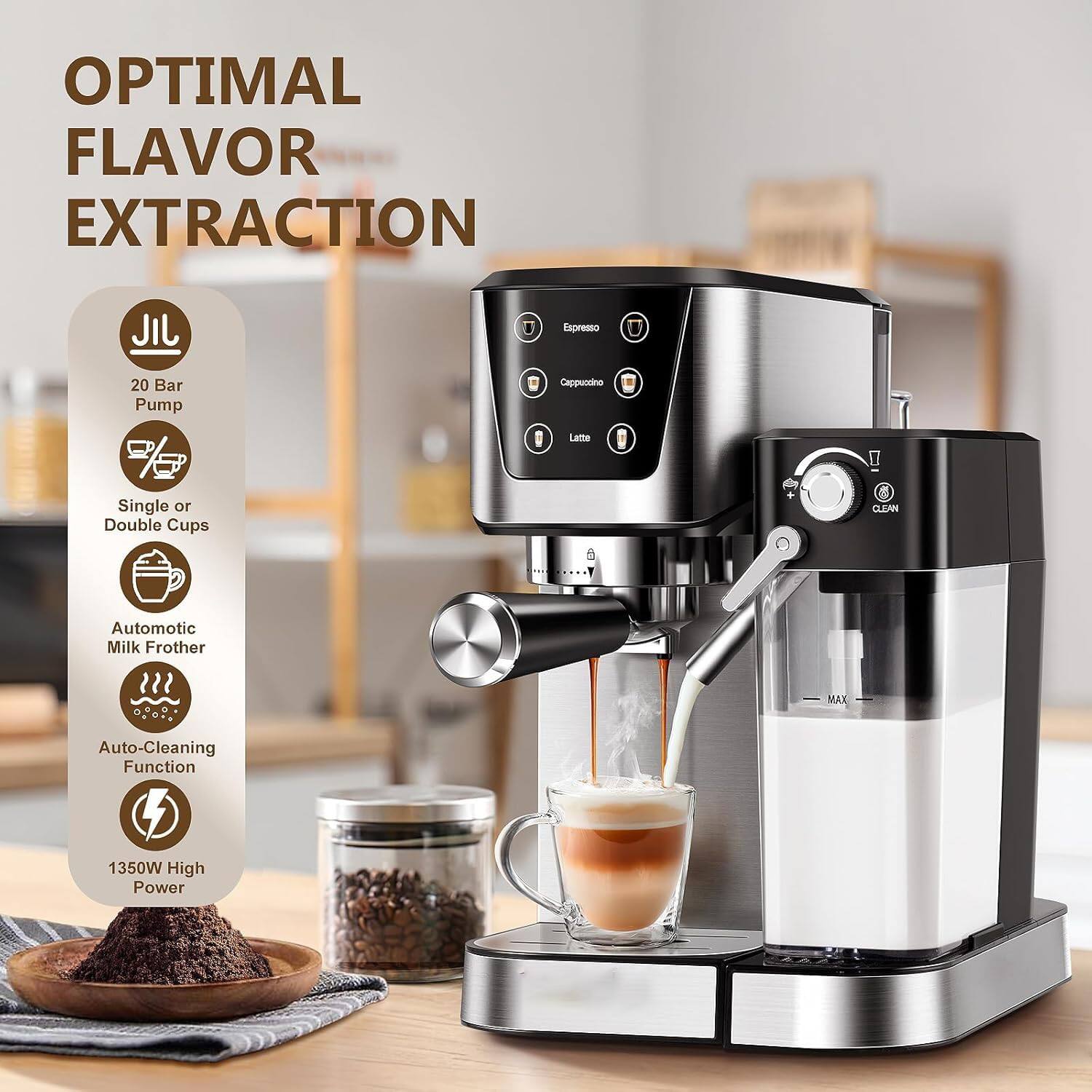 OPTIMAL FLAVOR EXTRACTION

- 20 Bar Pump
- Single or Double Cups
- Automatic Milk Frother
- Auto-Cleaning Function
- 1350W High Power