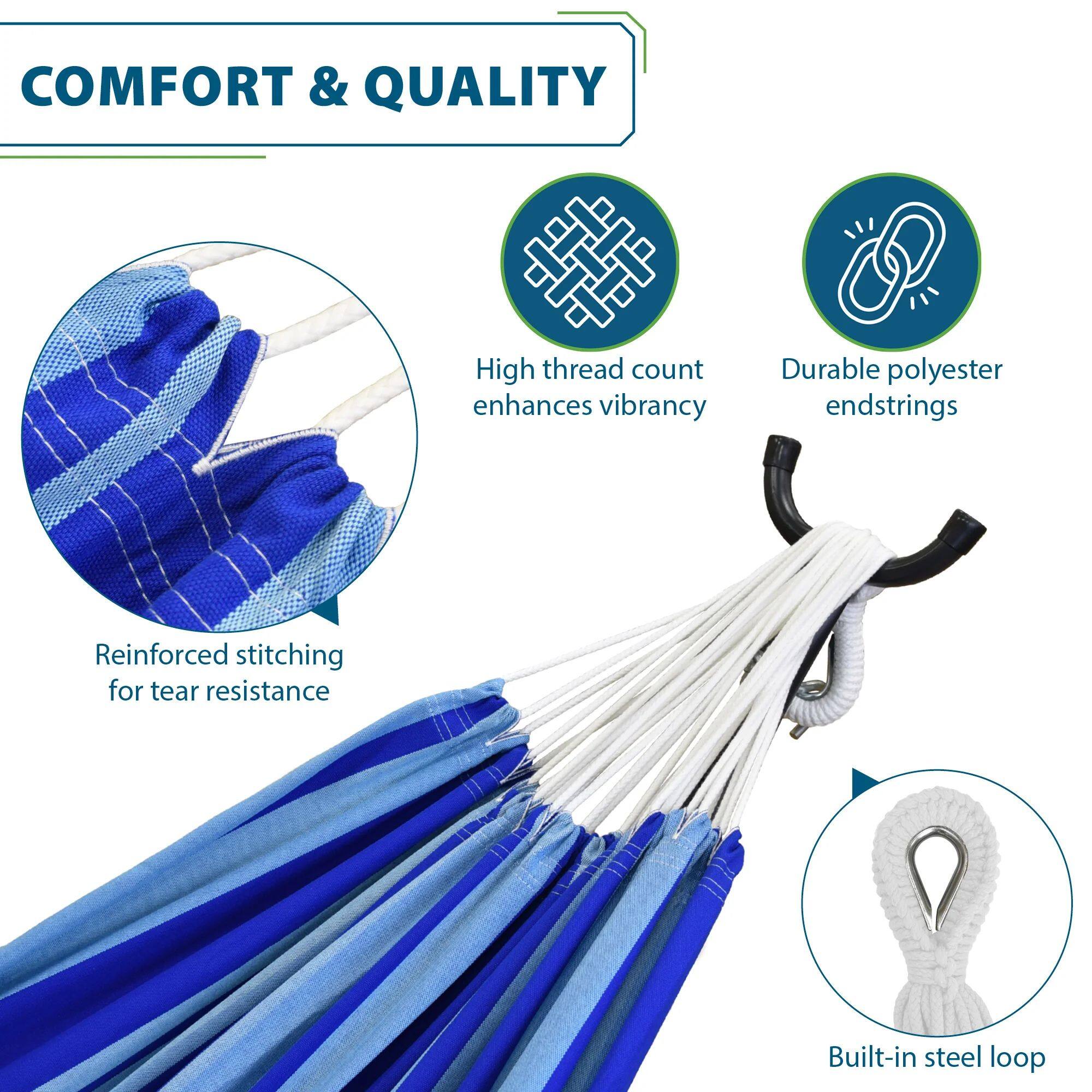 COMFORT & QUALITY

- High thread count enhances vibrancy
- Durable polyester endstrings
- Reinforced stitching for tear resistance
- Built-in steel loop