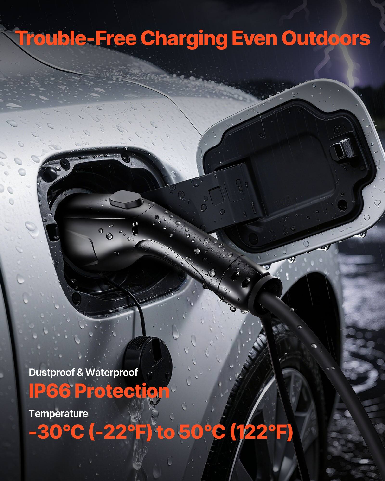 Trouble-Free Charging Even Outdoors  
Dustproof & Waterproof  
IP66 Protection  
Temperature -30°C (-22°F) to 50°C (122°F)